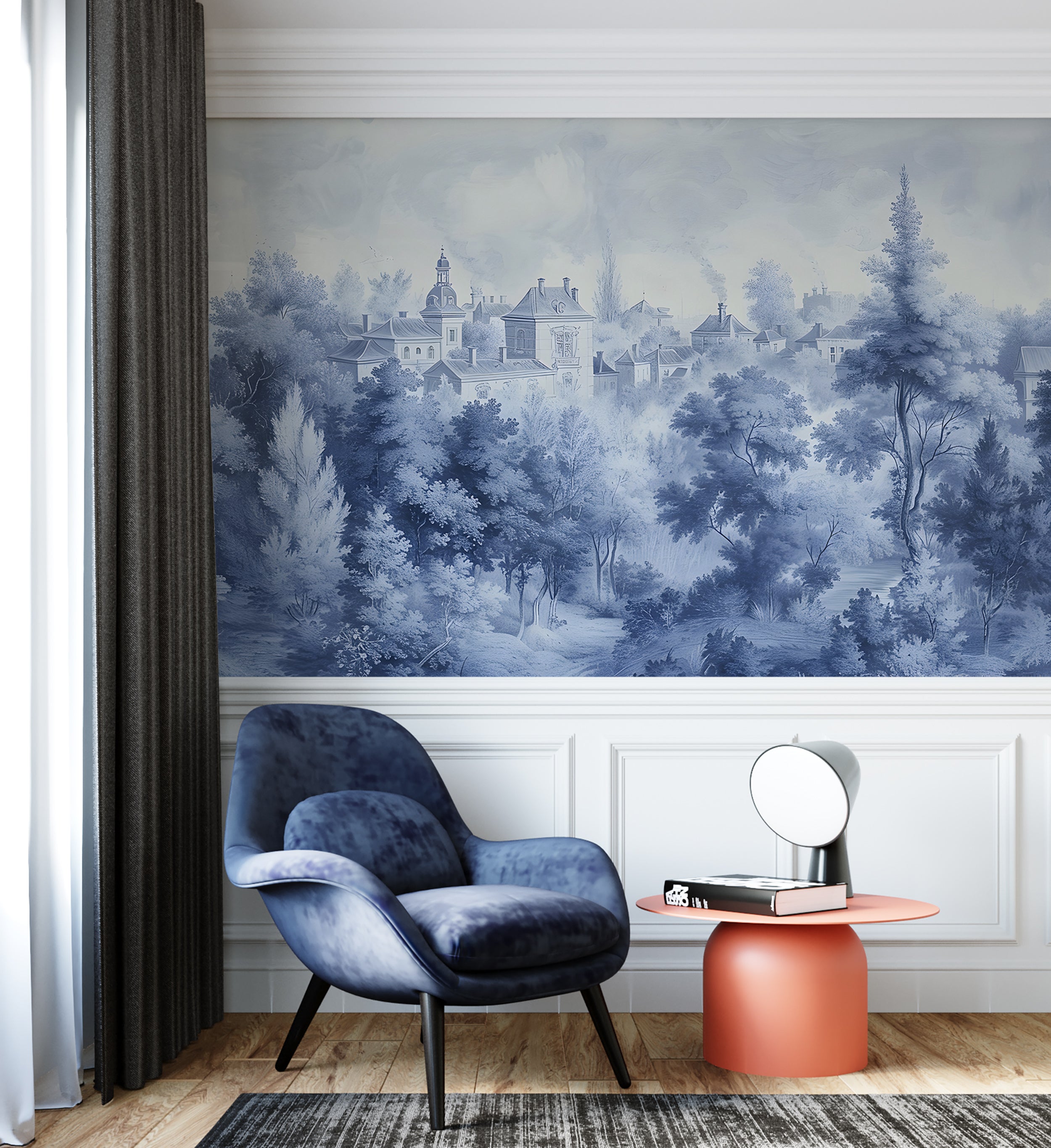 Blue Monochrome Toile de Jouy Wallpaper