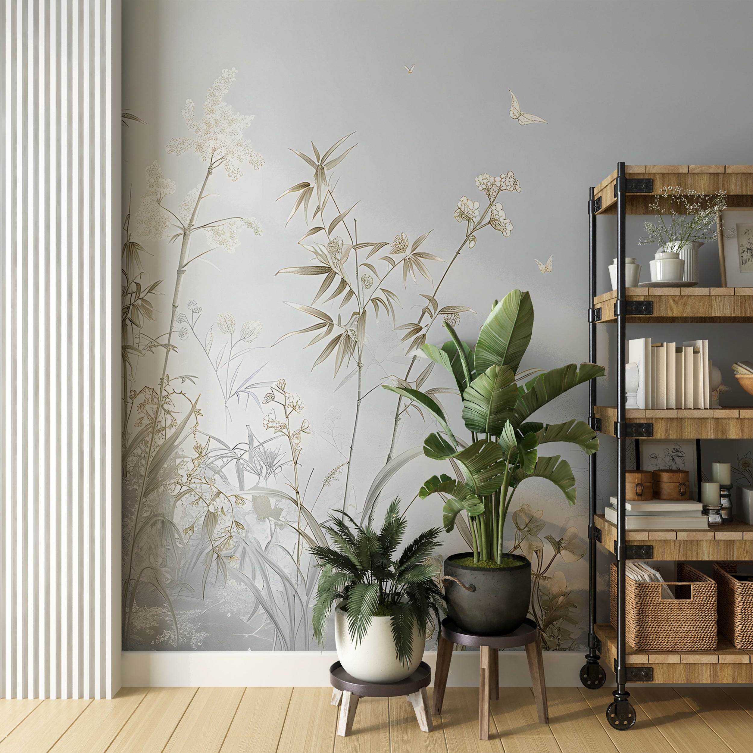 Soft blue chinoiserie wallpaper with botanical motif Peel and stick pastel nature mural for walls
