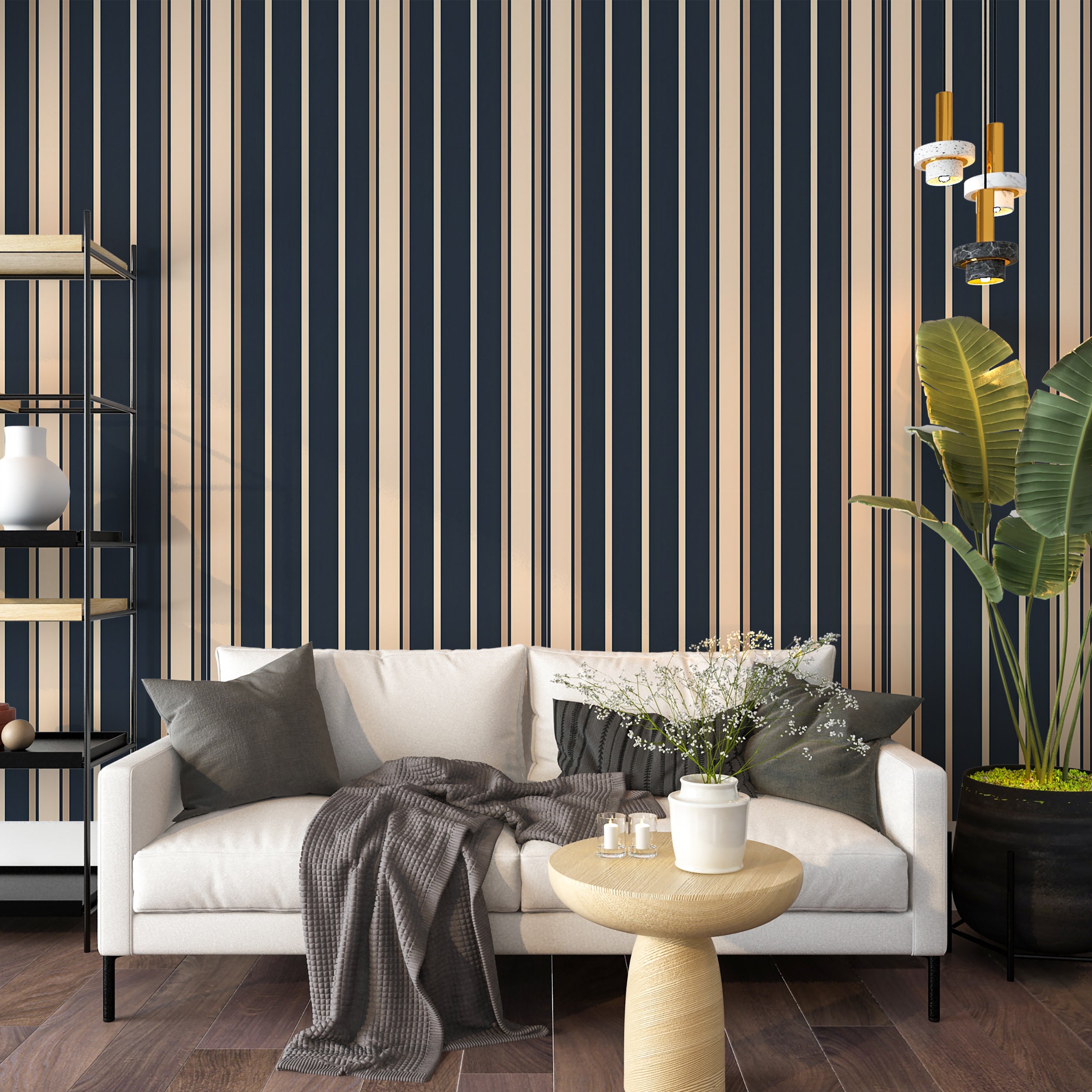 Traditional Striped Wallpaper in Navy Blue and Beige