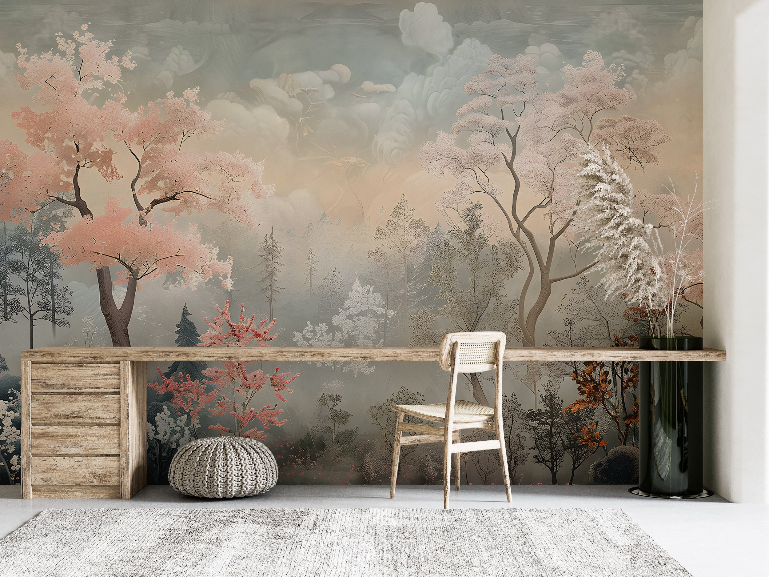 Watercolor Forest Mural, Colorful Trees Wallpaper, Dreamy Nursery Forest Mural, Peel and Stick Pastel Color Landscape Art, Removable Nature