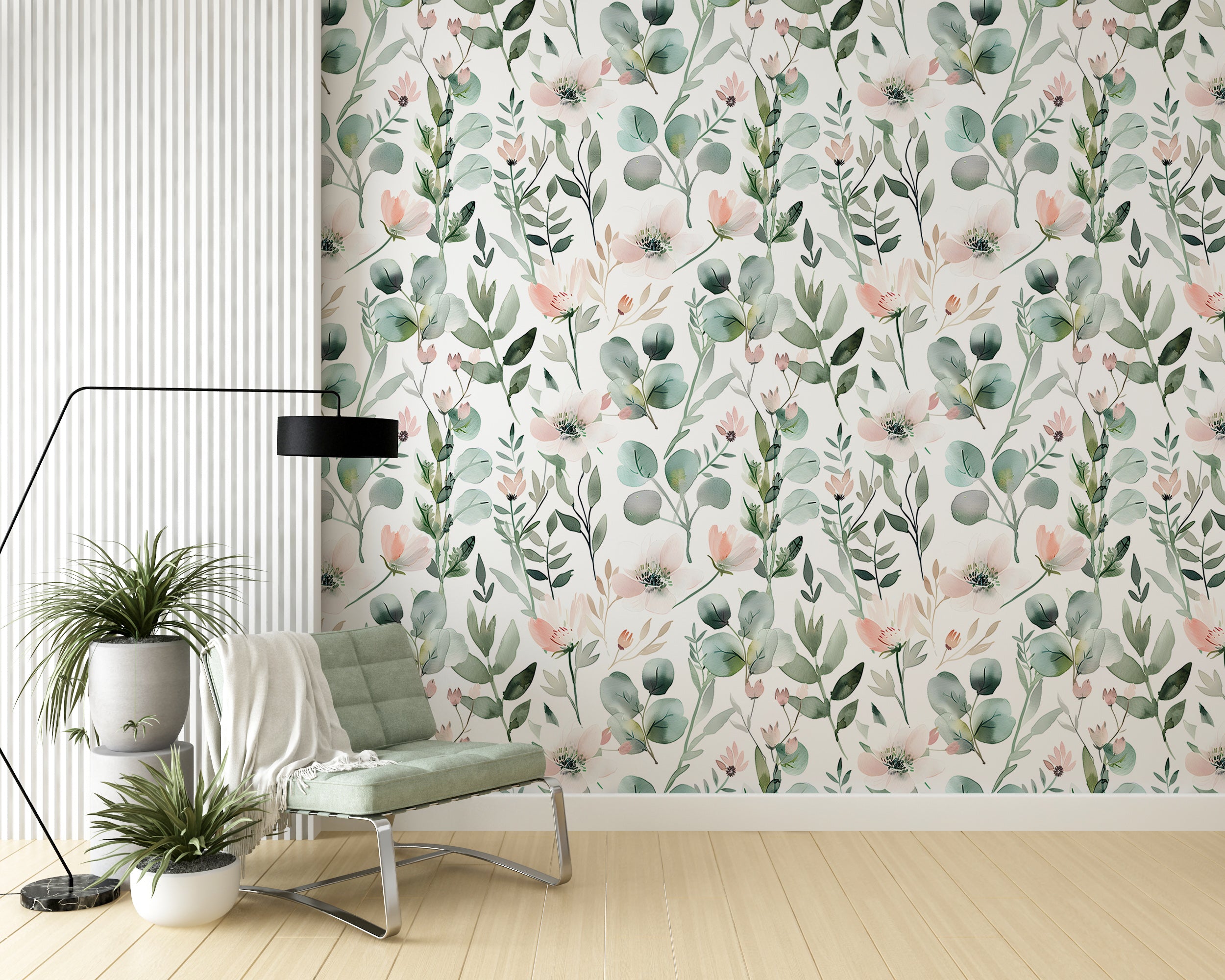 Pastel green and pink floral wallpaper Soft pink flowers peel and stick wall decor