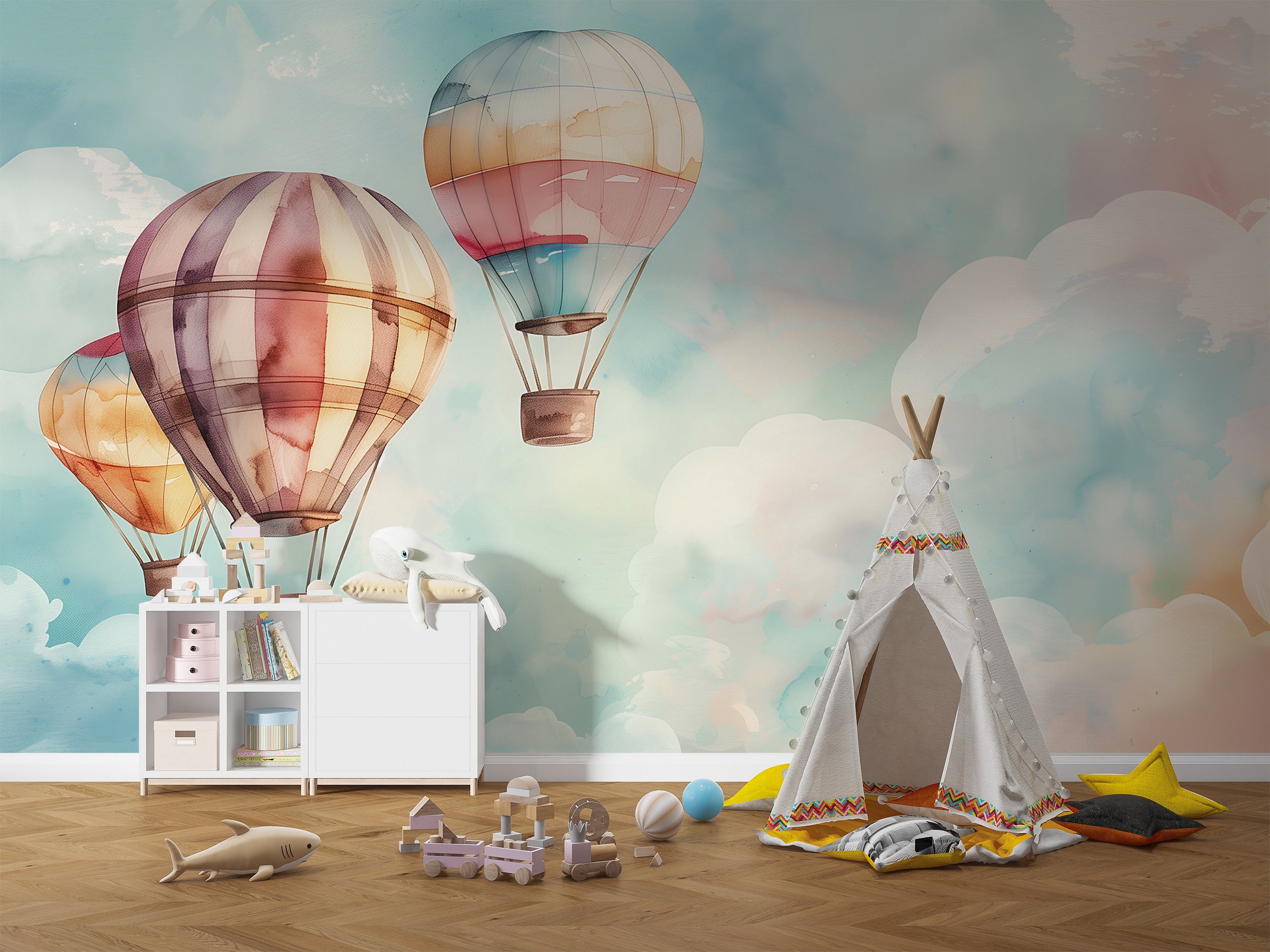 Nursery hot air balloons mural Watercolor sky wallpaper for kids