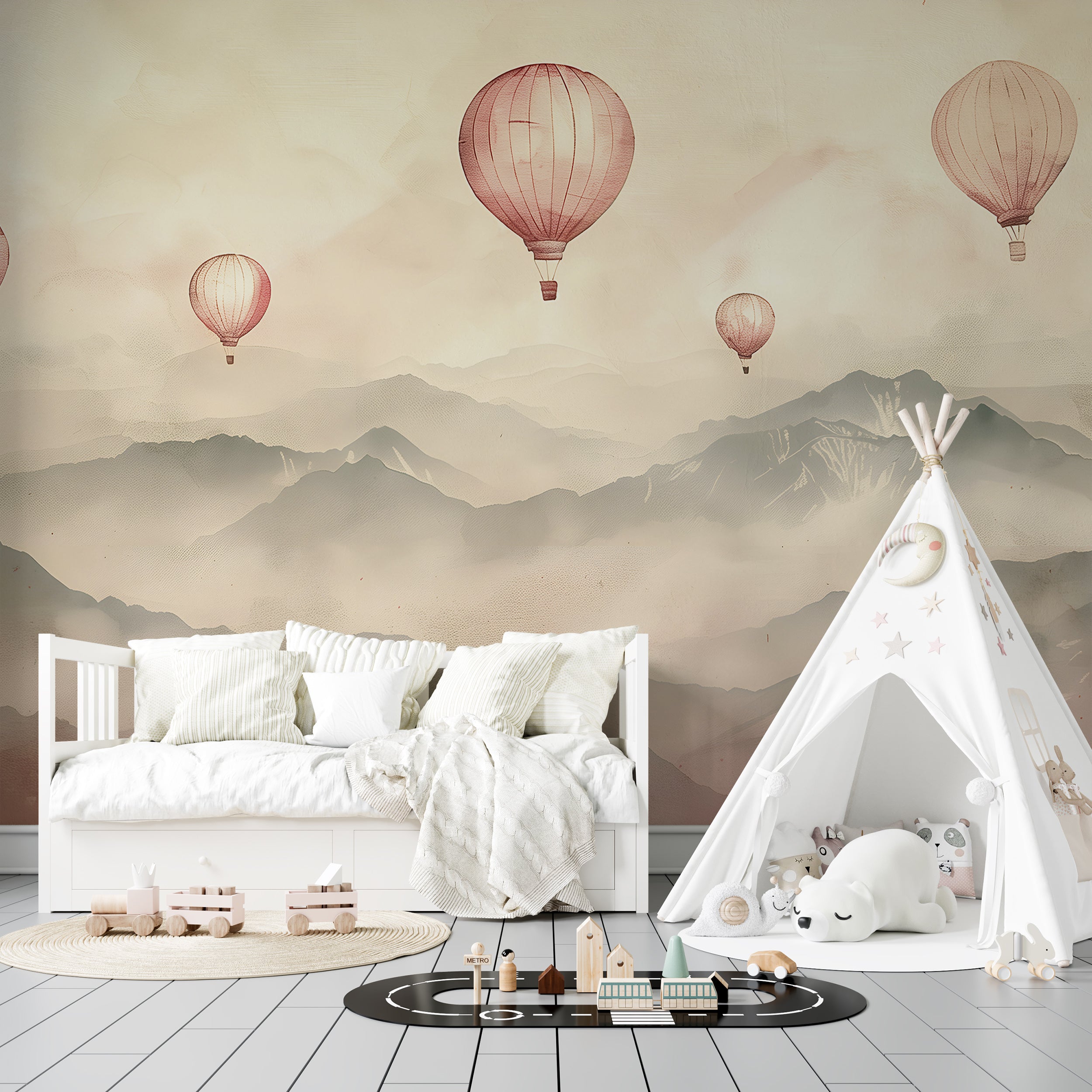 Soft Pink Hot Air Balloons Mural, Watercolor Mountain Landscape Wallpaper, Hot Air Balloons over the Mountains Mural, Peel and Stick Nursery
