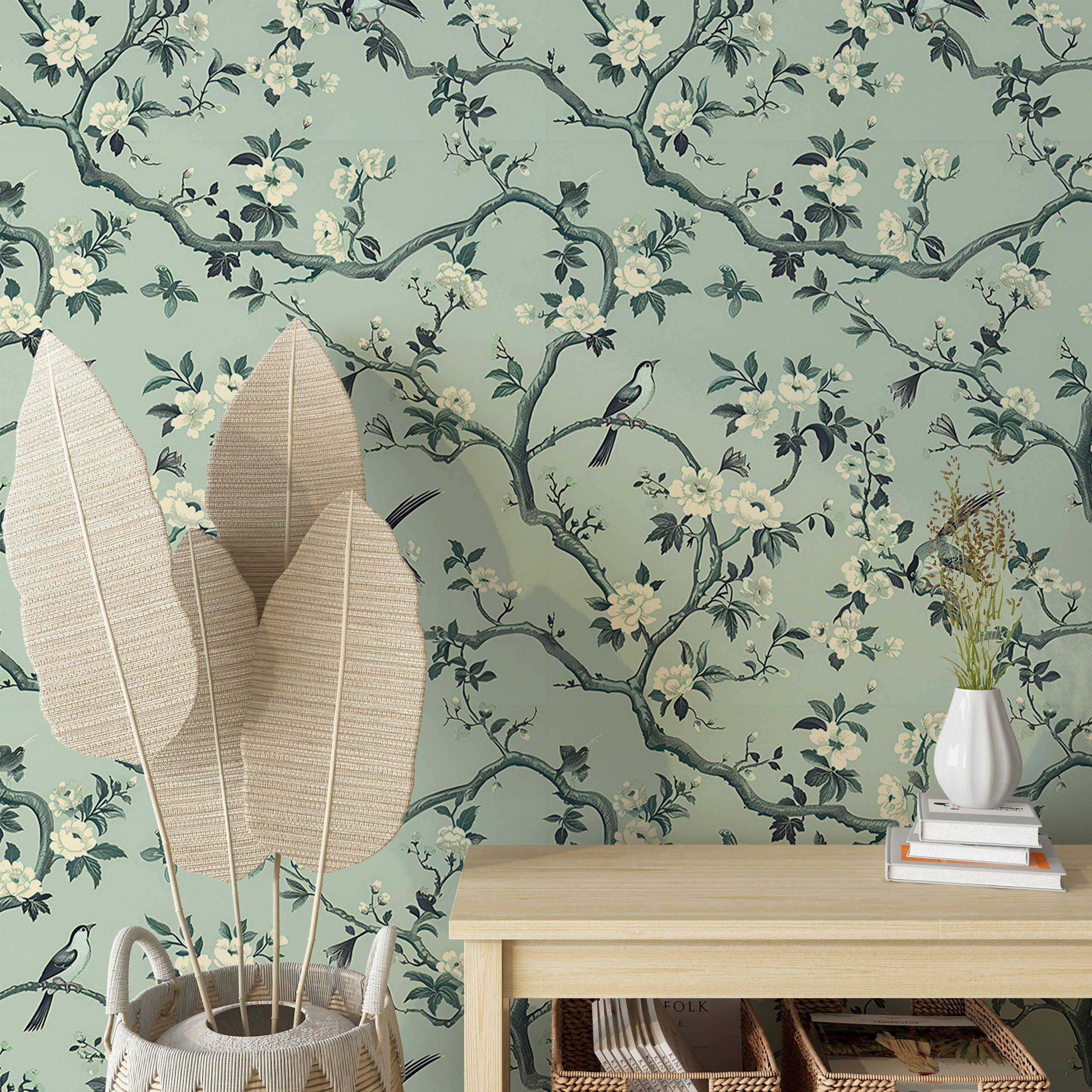 Soft green chinoiserie wallpaper Classic floral wallpaper peel and stick