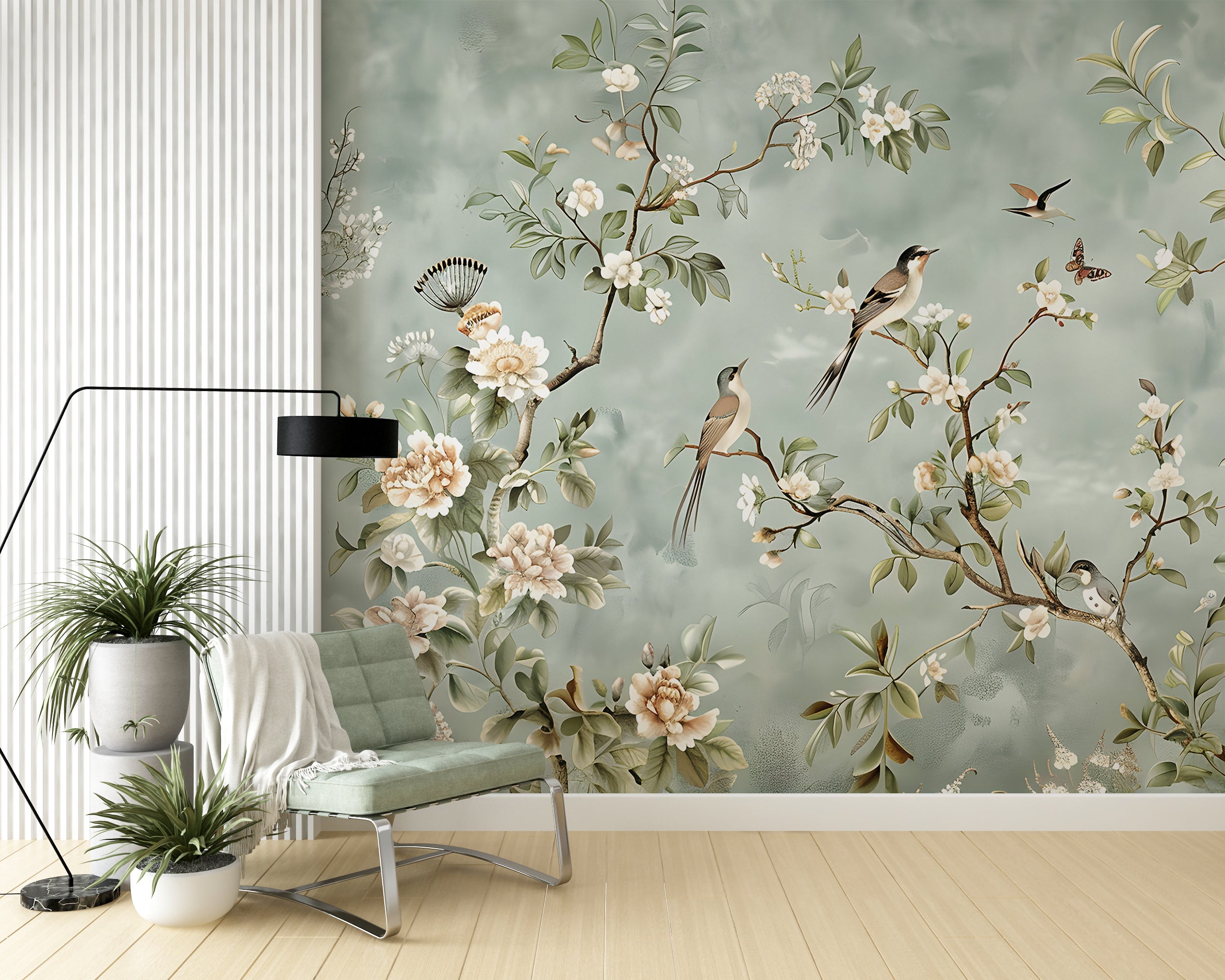 Chinoiserie wallpaper mural Peel and stick green floral wallpaper