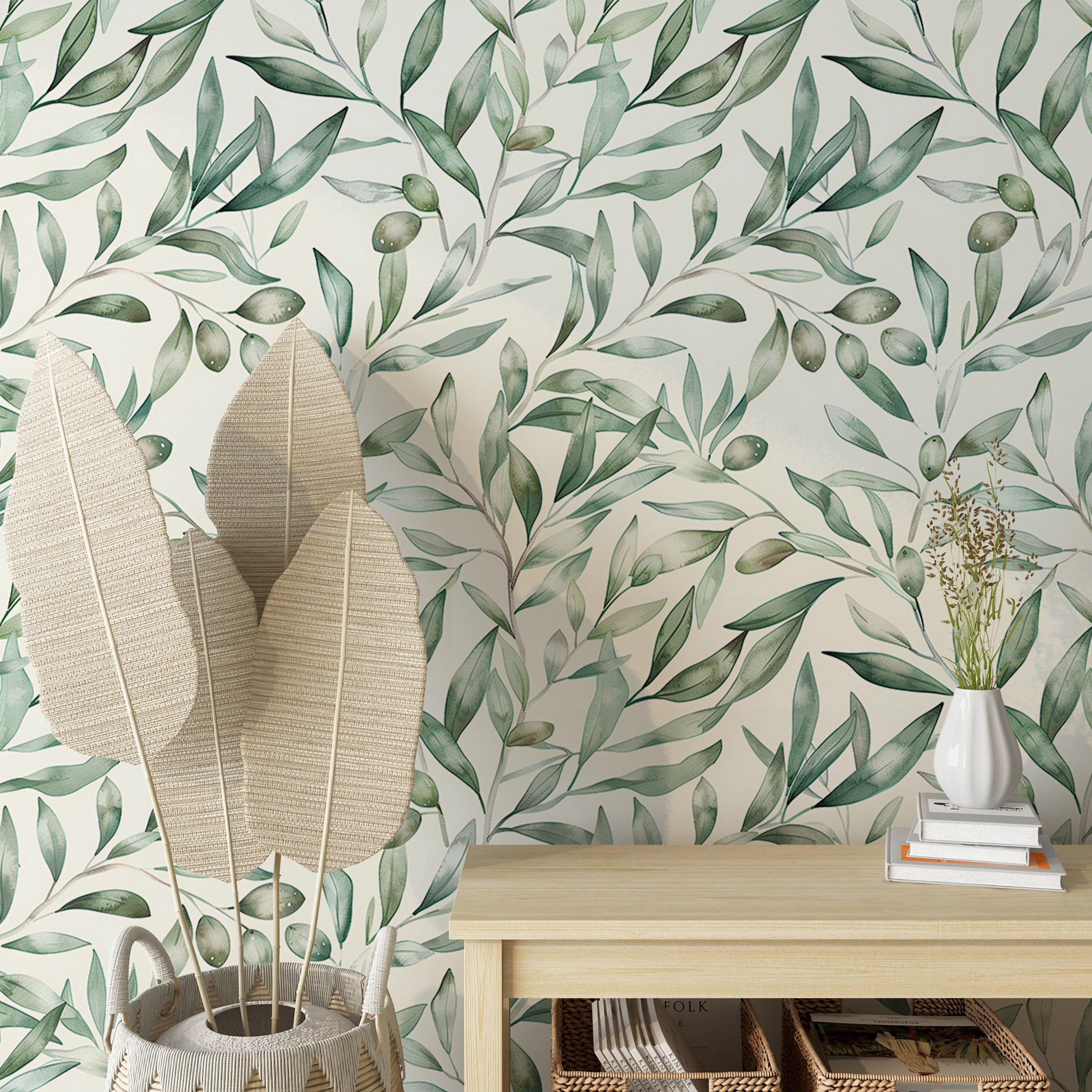 Olive branches peel and stick wallpaper Muted green botanical wall decor