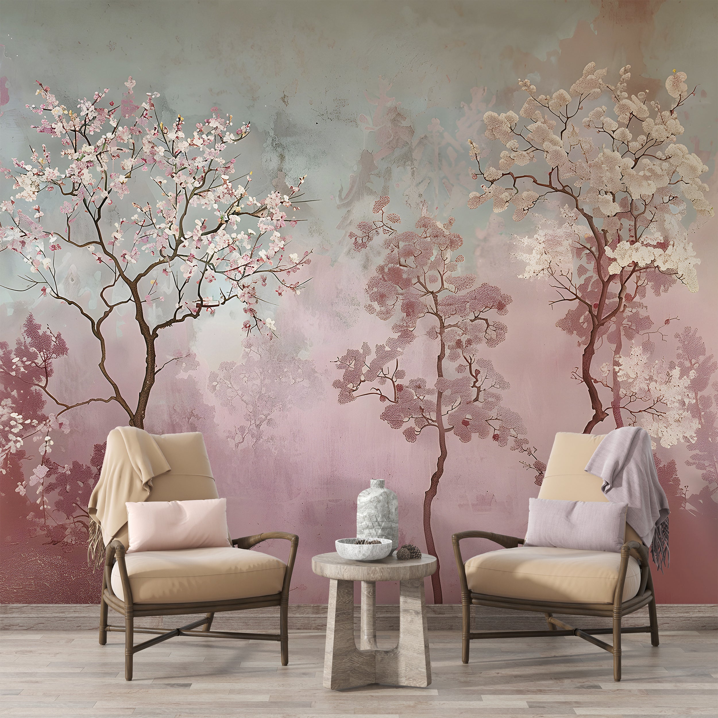 Muted colors trees wallpaper Soft pink watercolor trees wall mural