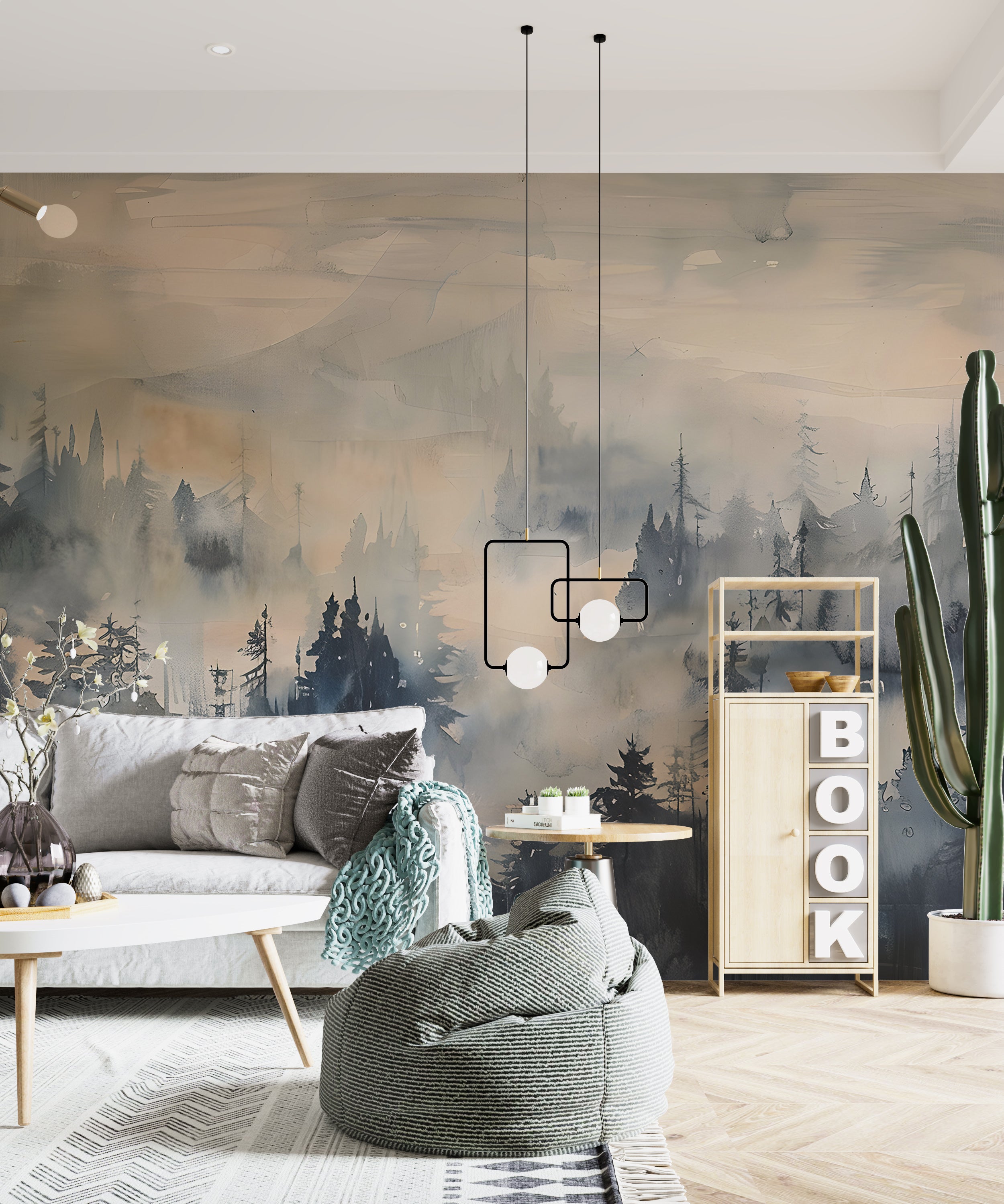 Misty Abstract Forest Wallpaper, Peel and Stick Foggy Forest Mural, Dark Watercolor Trees Decor, Removable Landscape Art
