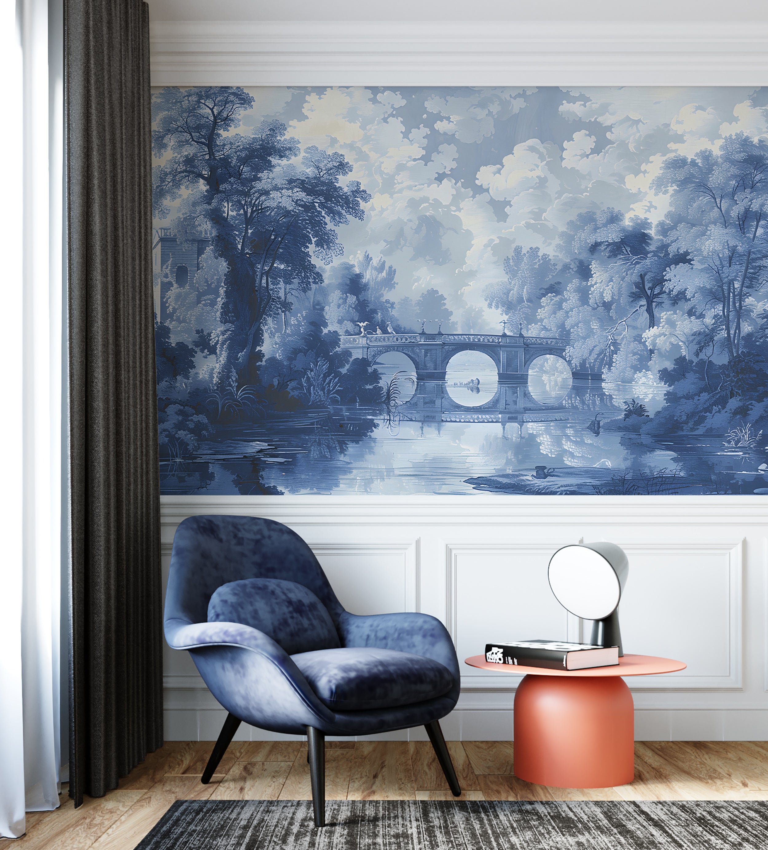 Blue French style wall mural Bridge and forest wallpaper