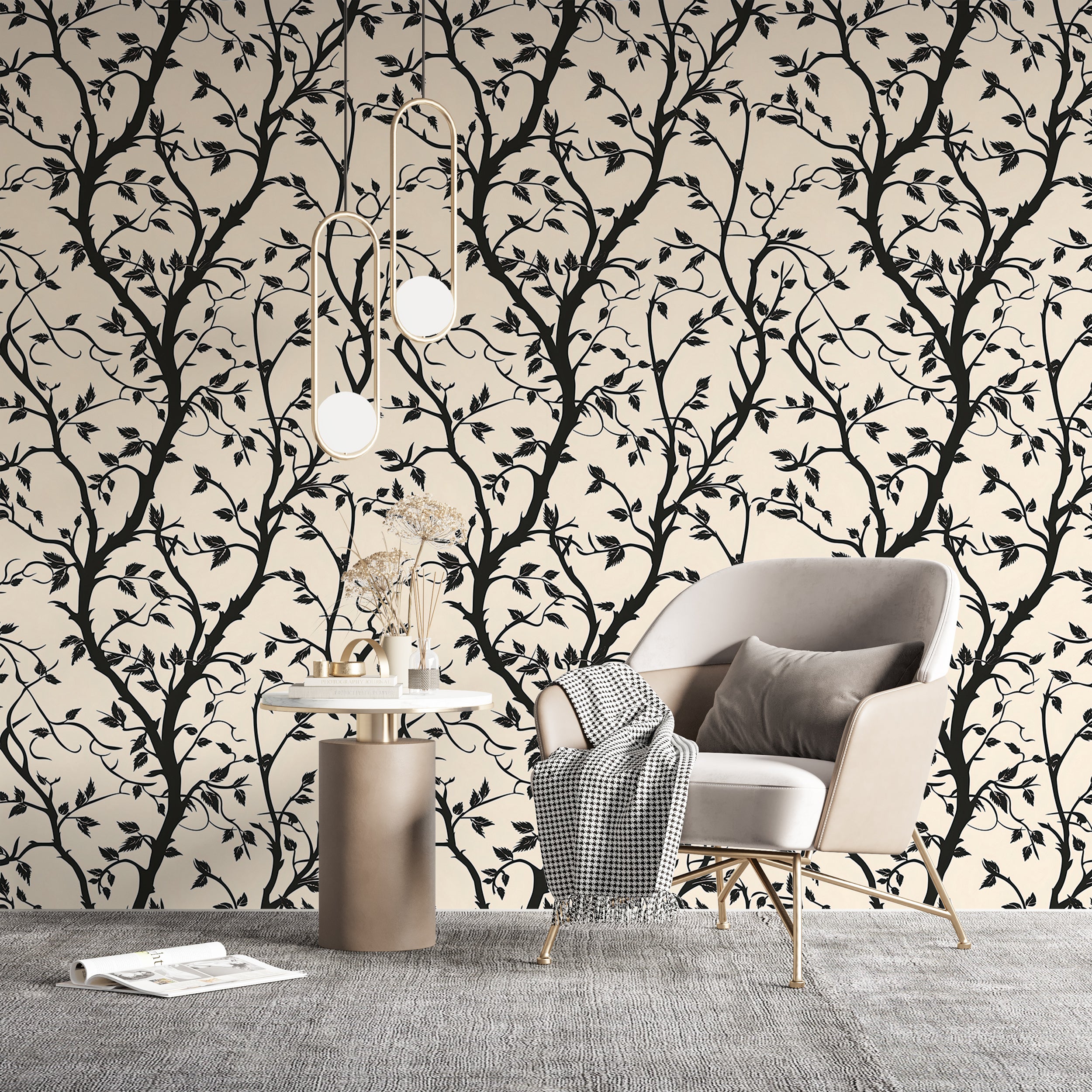 Leaves and branches wallpaper peel and stick Beige and black botanical wallpaper