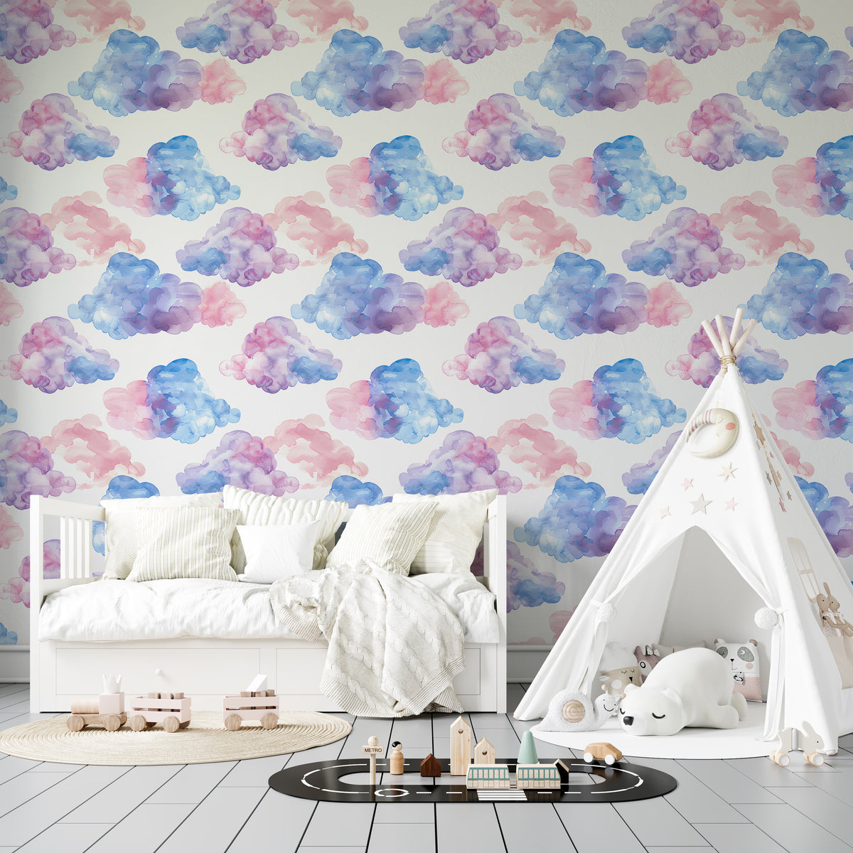 Soft Pink and Blue Clouds Wallpaper - Nursery Pastel Colors Clouds