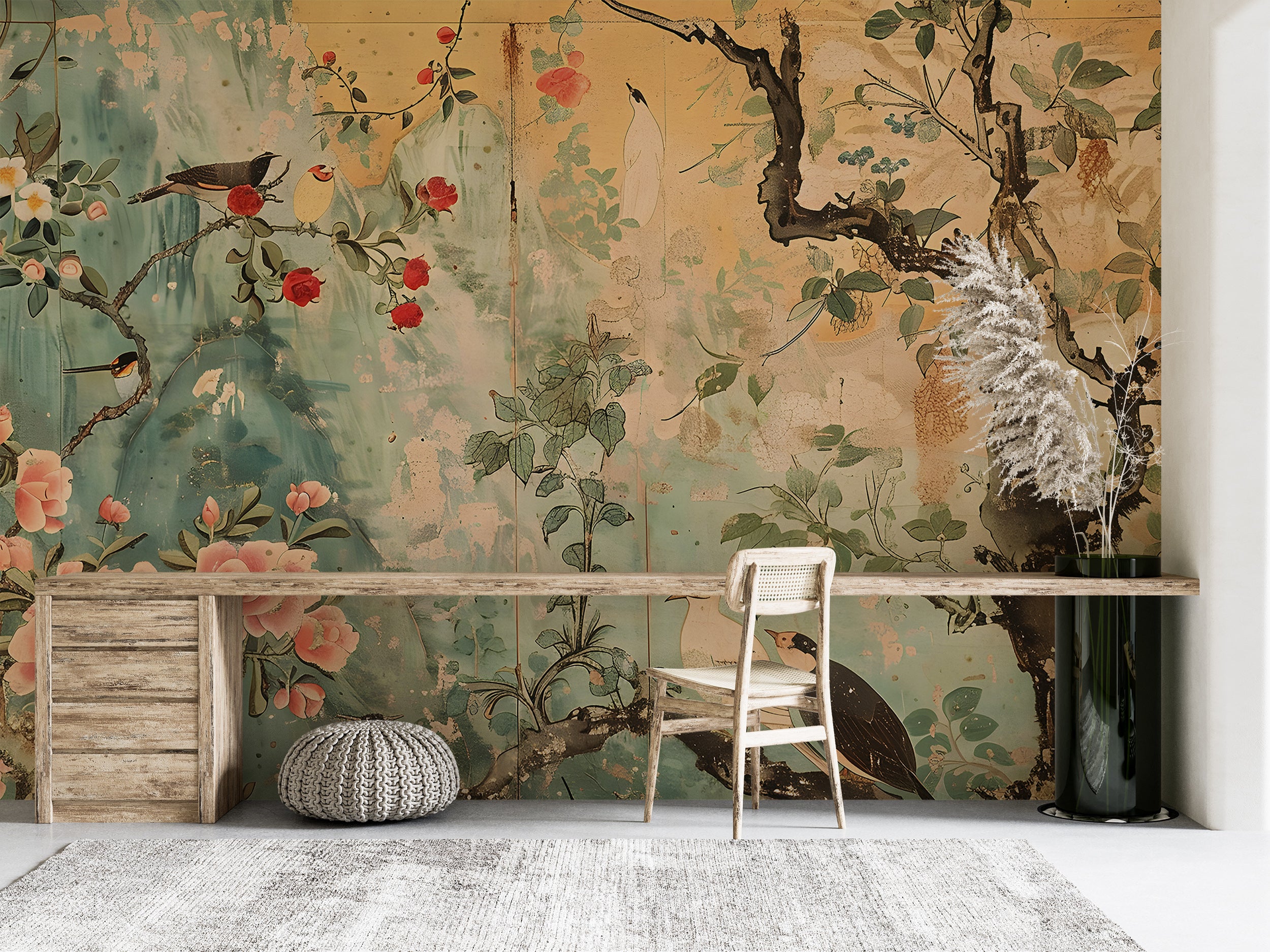 Old style Chinoiserie wallpaper Rustic nature mural wallpaper