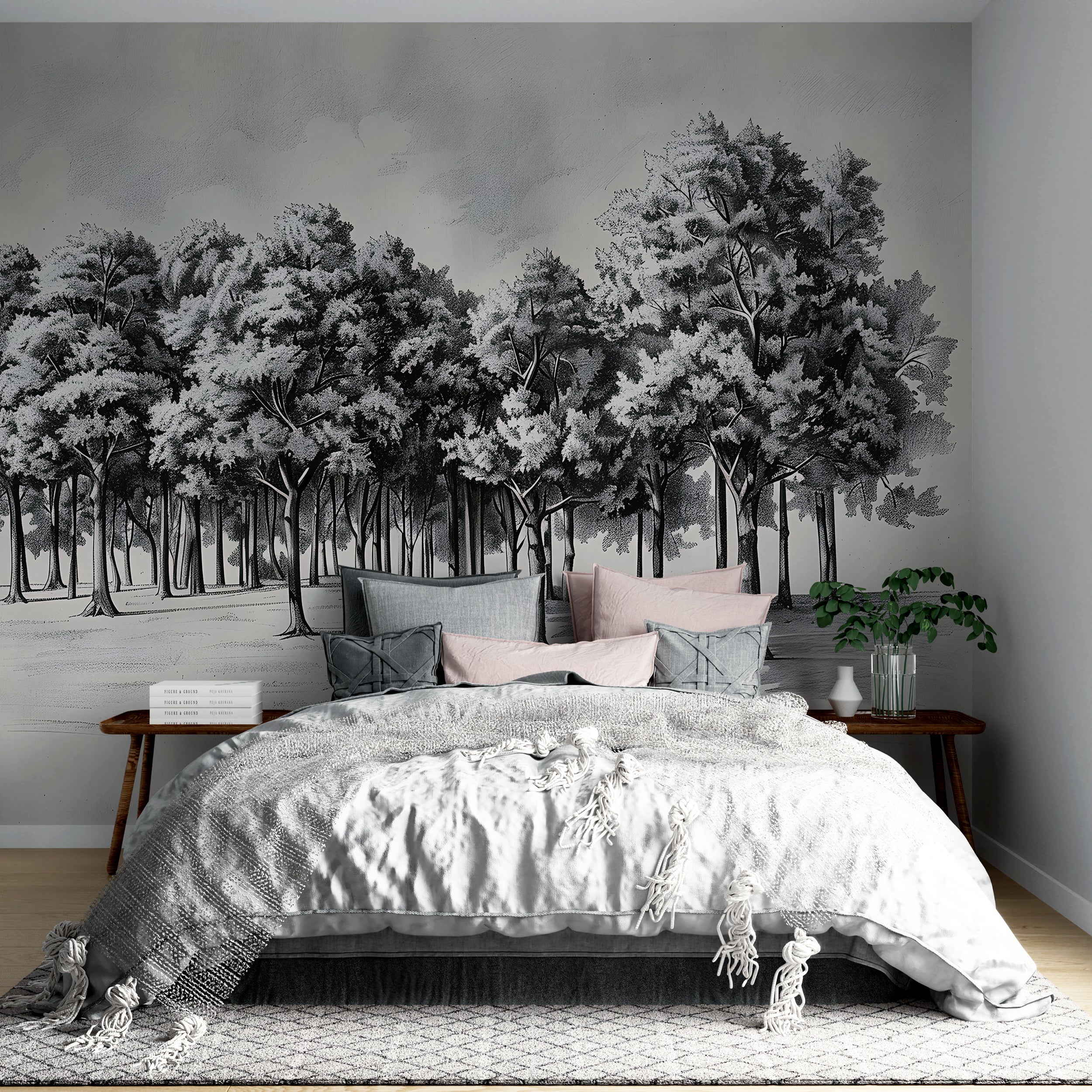 Black and White Trees Wall Mural, Pencil Drawing Tree Wallpaper, Peel and Stick Grey Monochrome Classic Wallpaper, Vintage Landscape Art