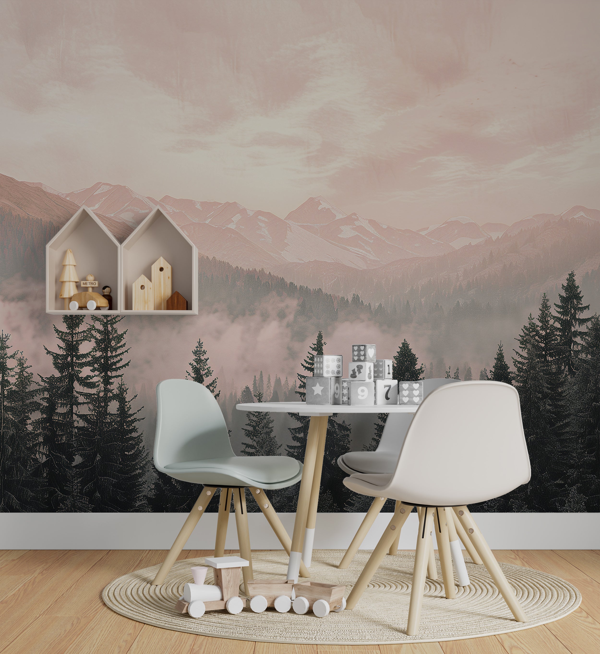 Removable pink pine forest mural