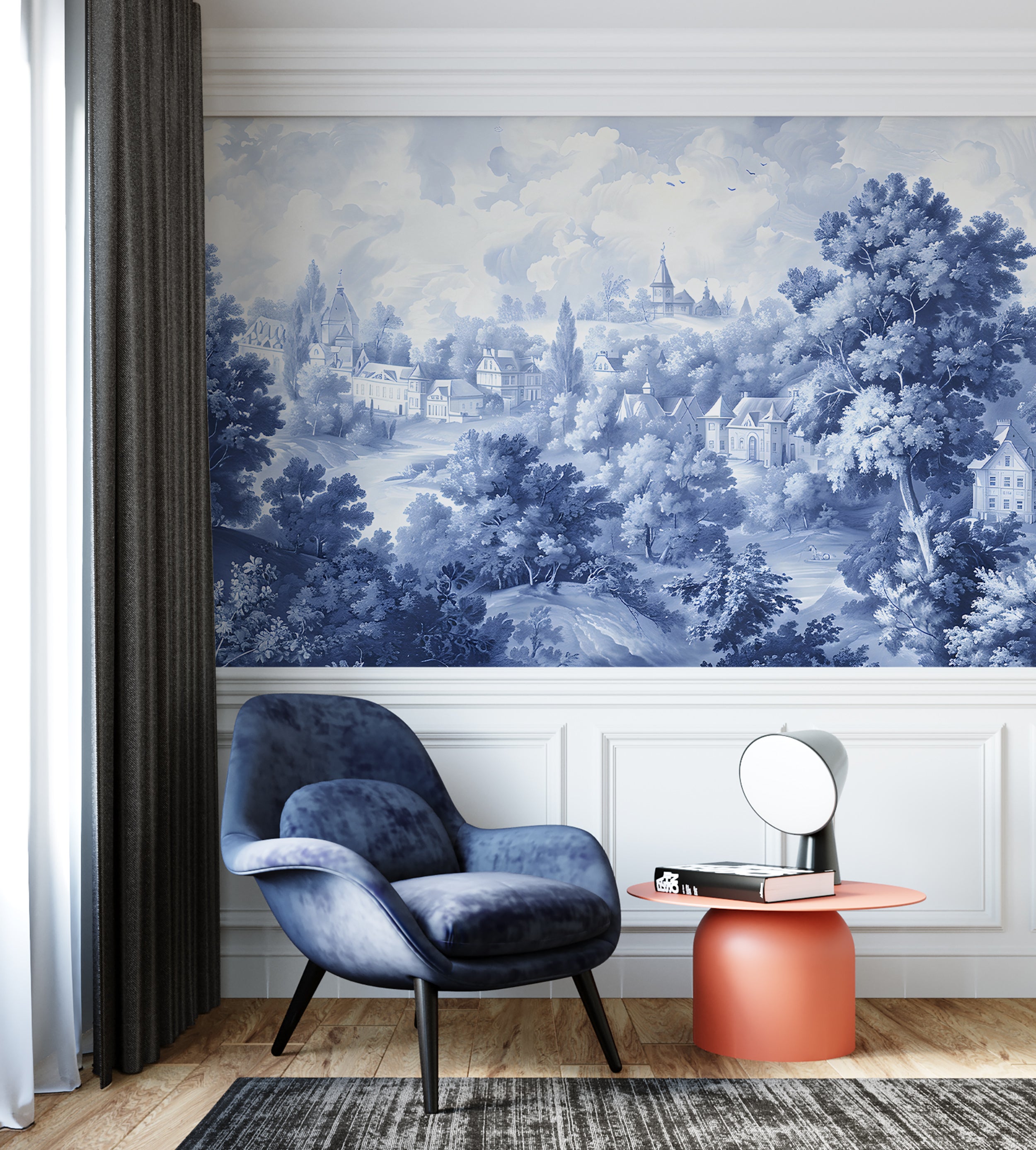 Blue monochrome Toile de Jouy wallpaper