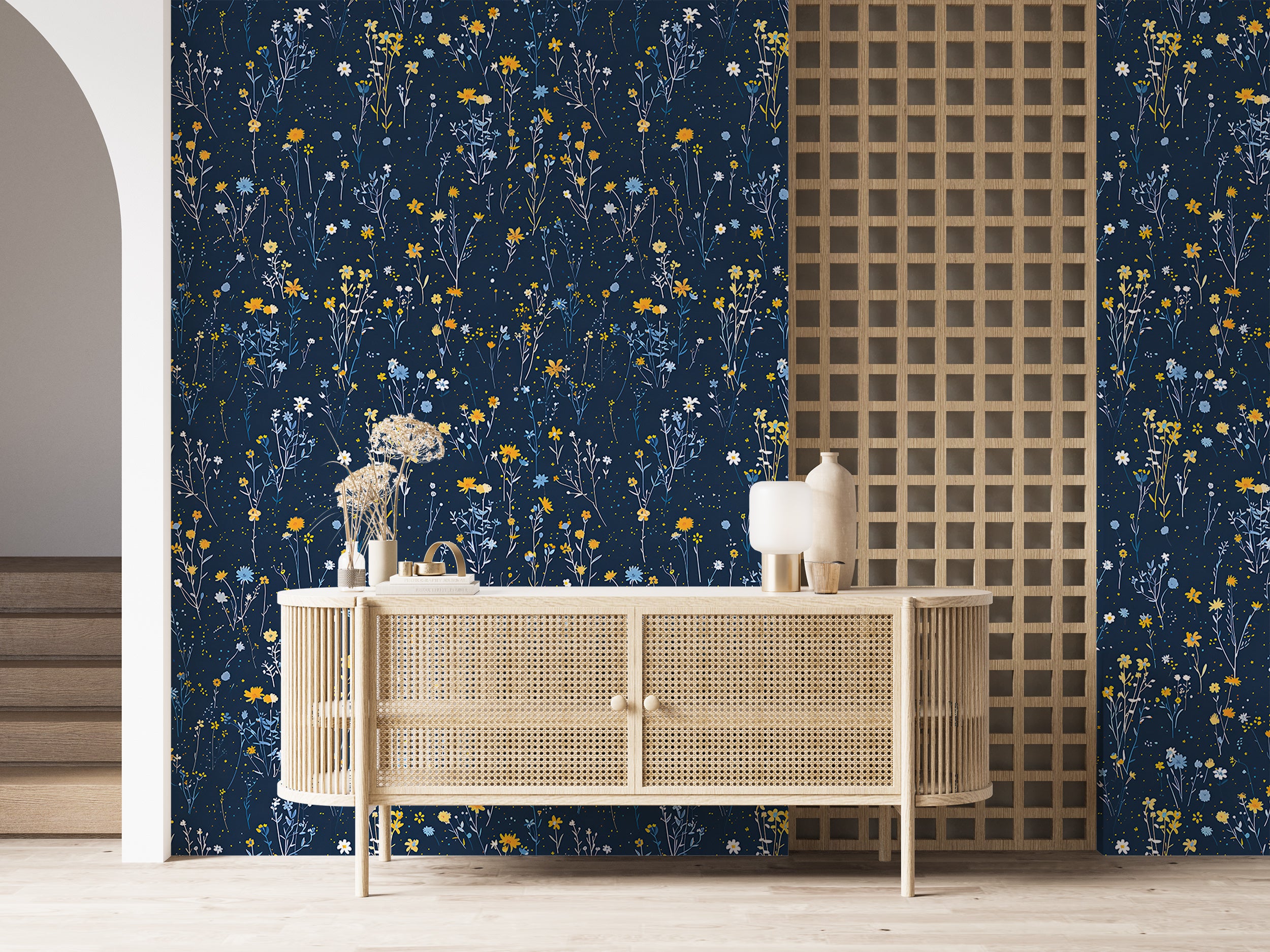 Navy blue removable floral wallpaper