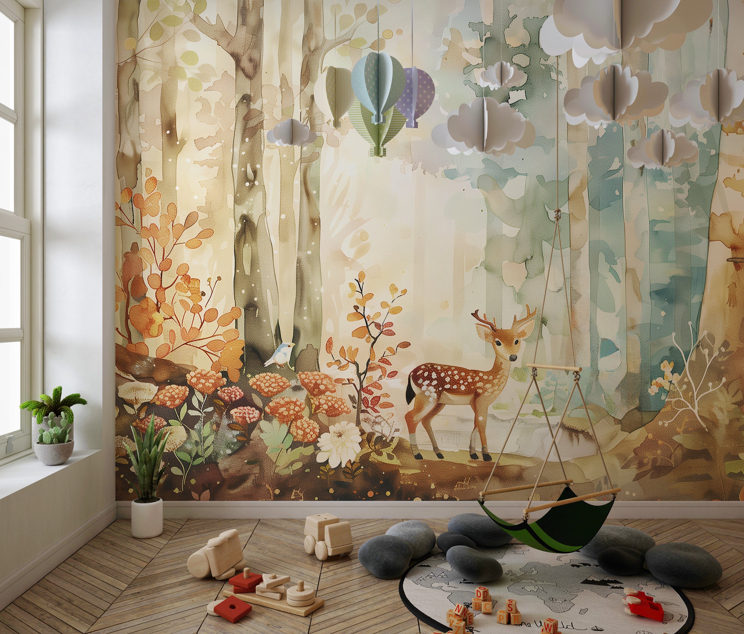 Soft watercolor forest wall decor