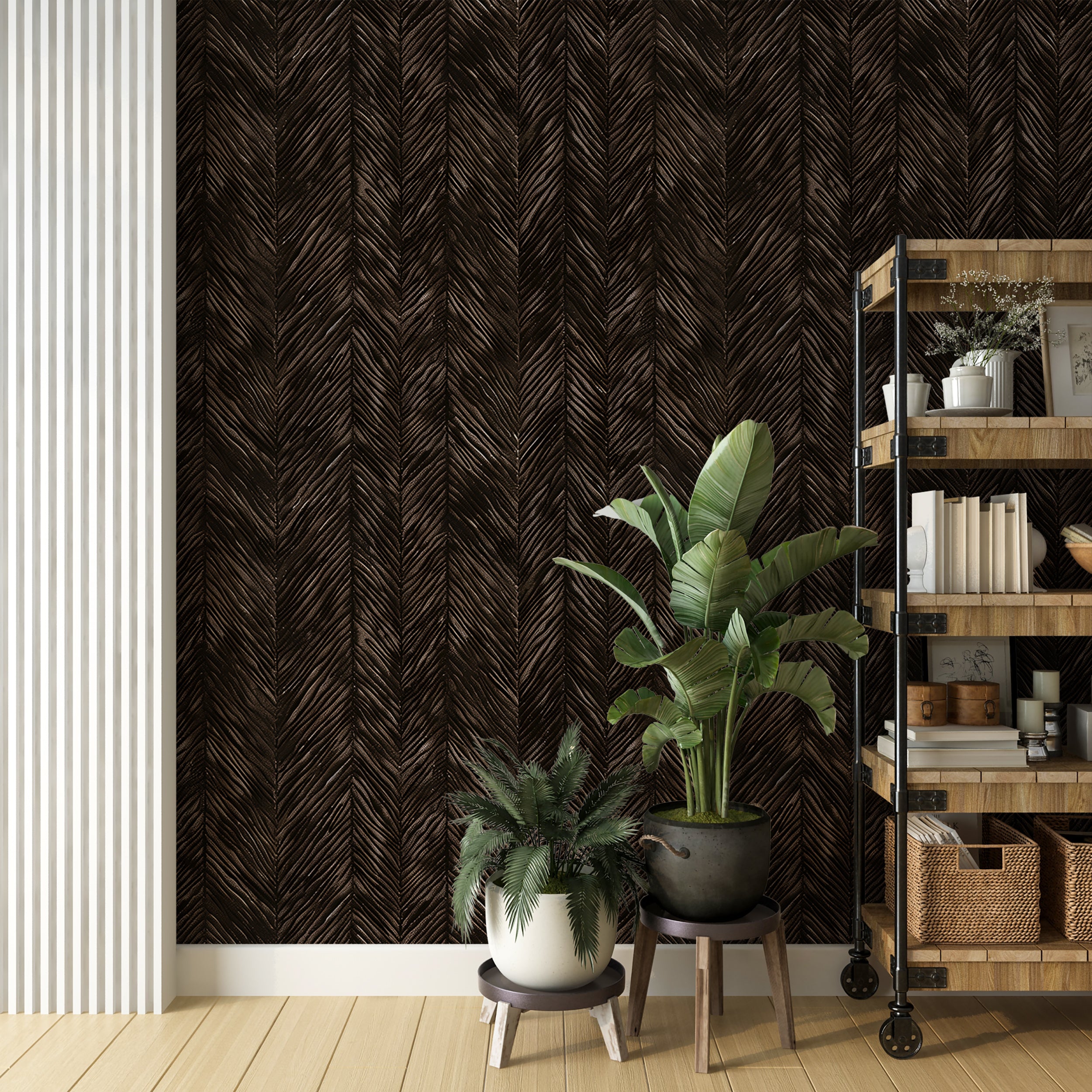 Peel and stick herringbone pattern wallpaper Dark brown geometric feature wall decor