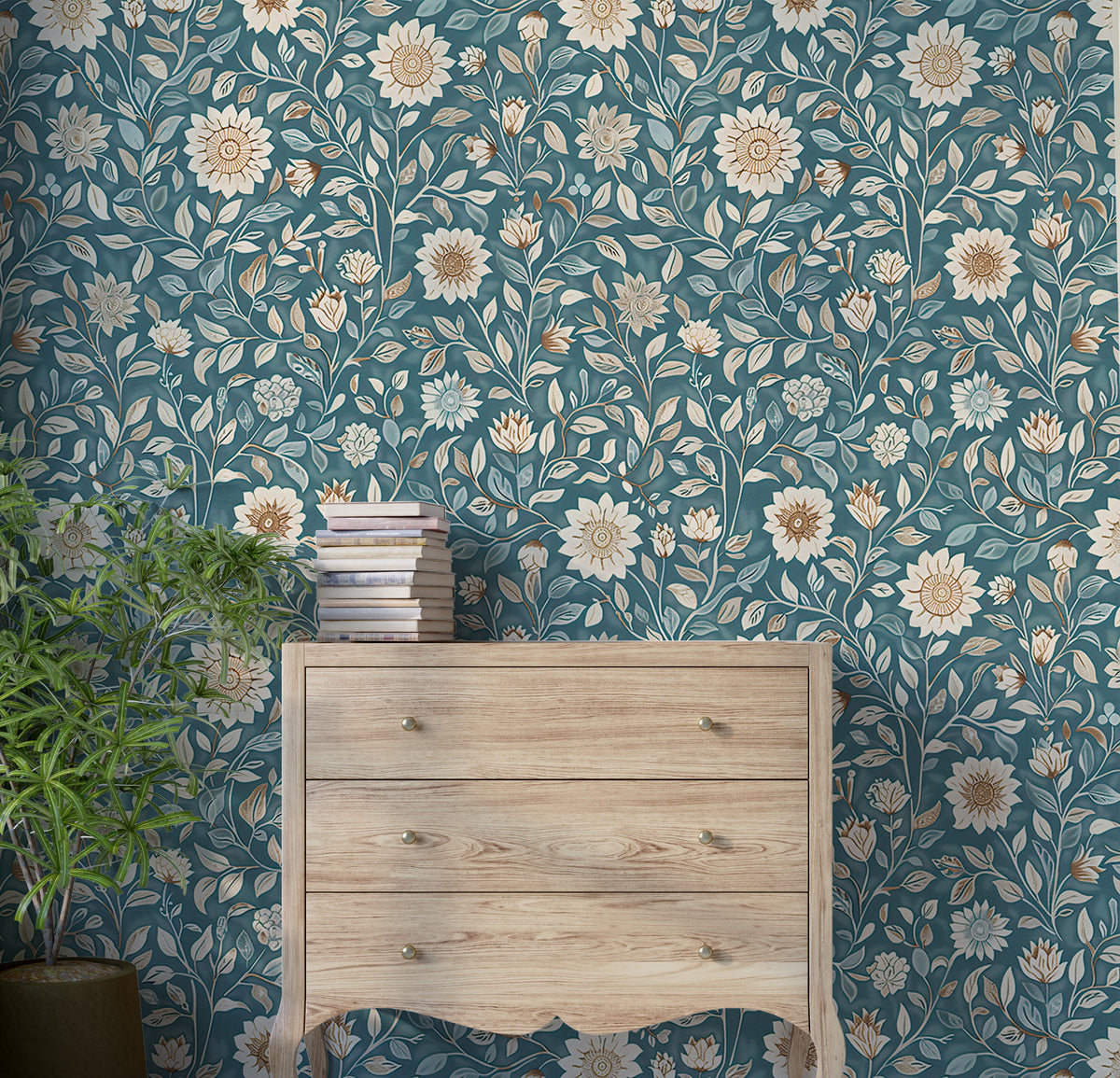Floral Wallpaper in William Morris Style - Soft Blue Floral Wallpaper