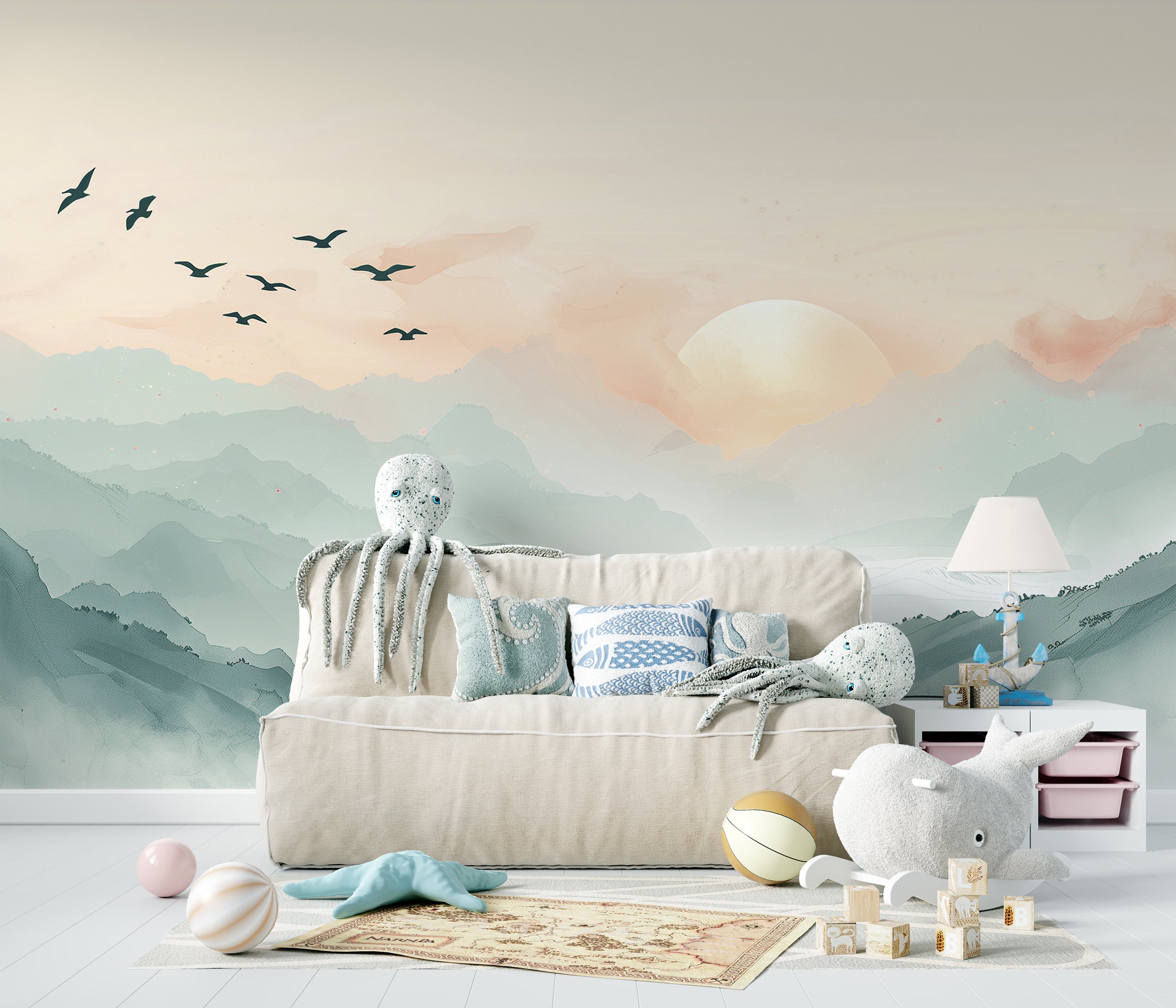 Soft color nature scene wall mural for nurseries