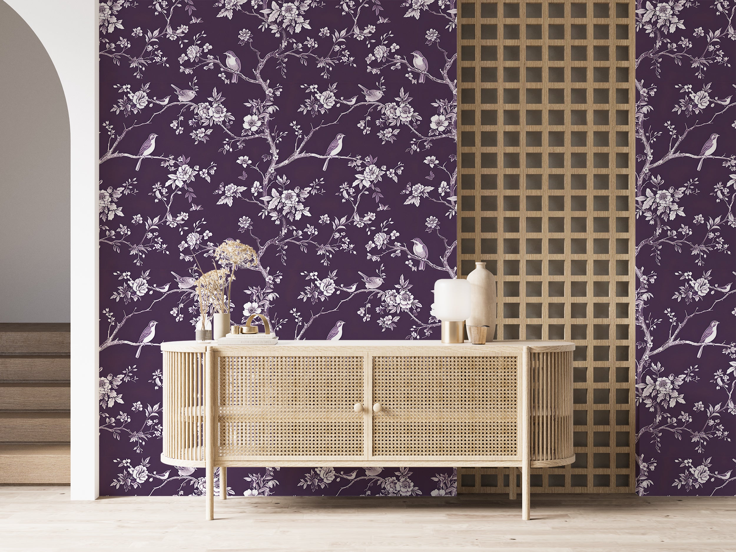 Purple Chinoiserie wallpaper for living room decor Colorful floral wallpaper with white blossom branches