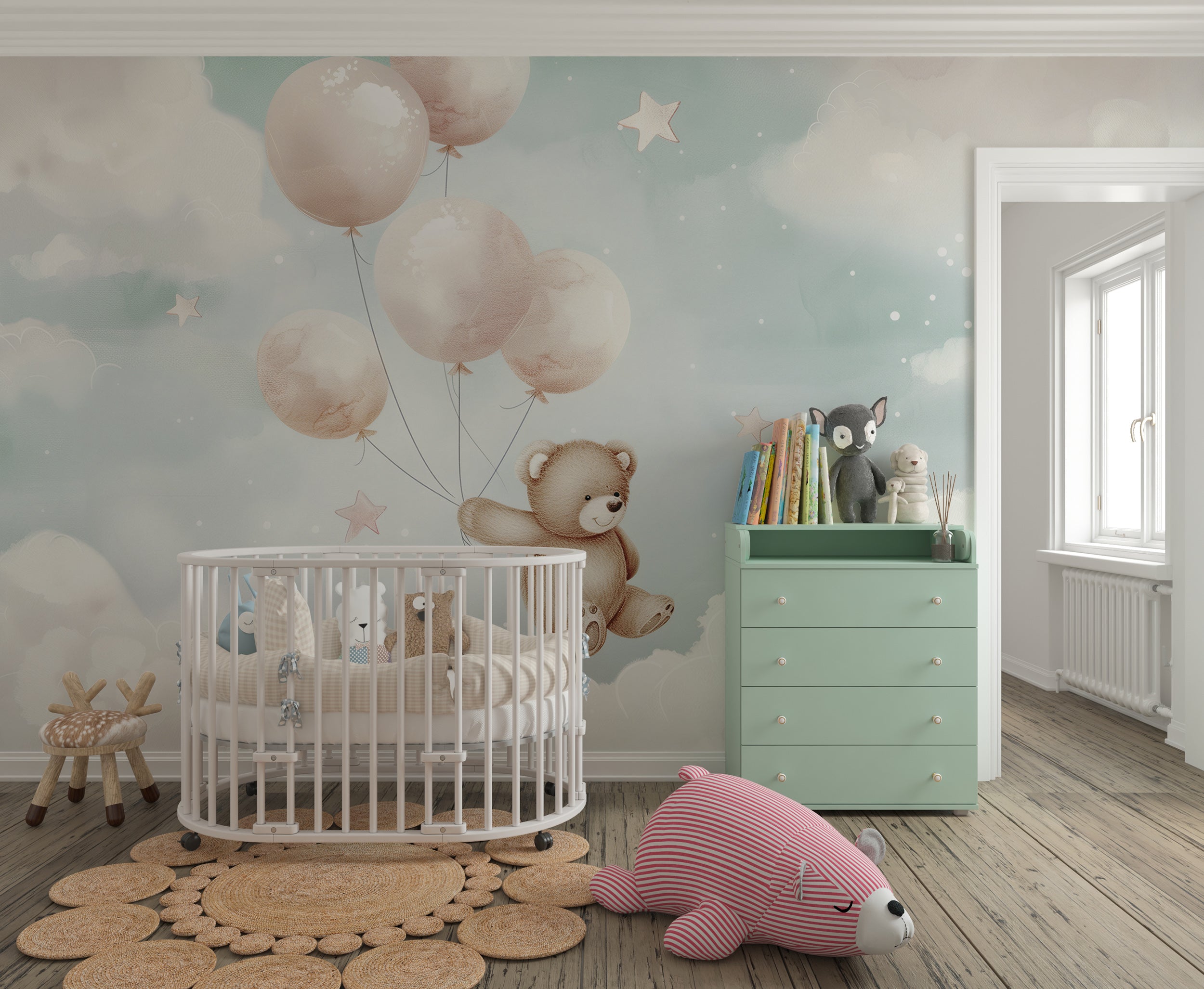 Dreamy nursery wall mural with bear and balloons