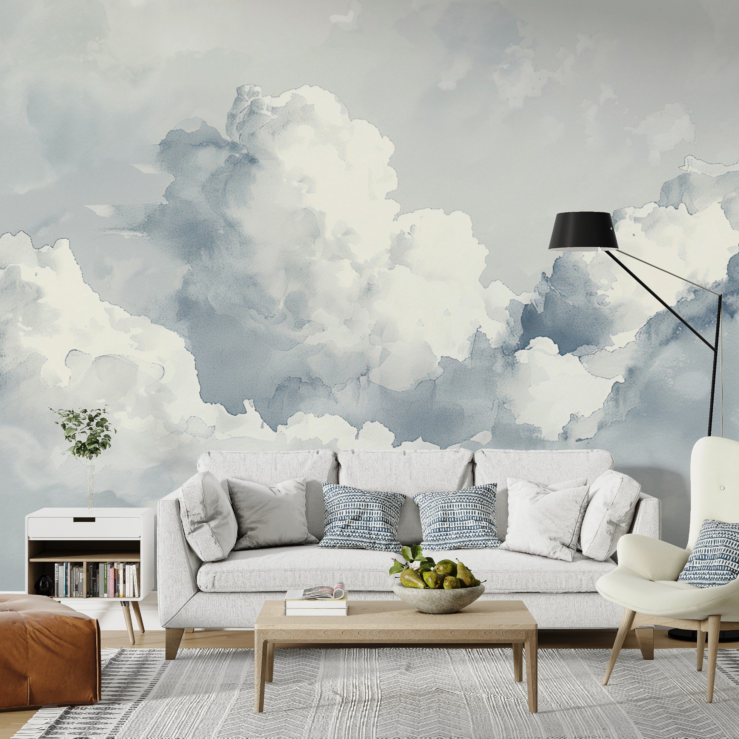 White and grey clouds wallpaper for nursery Monochrome cloudy sky mural for minimalist decor