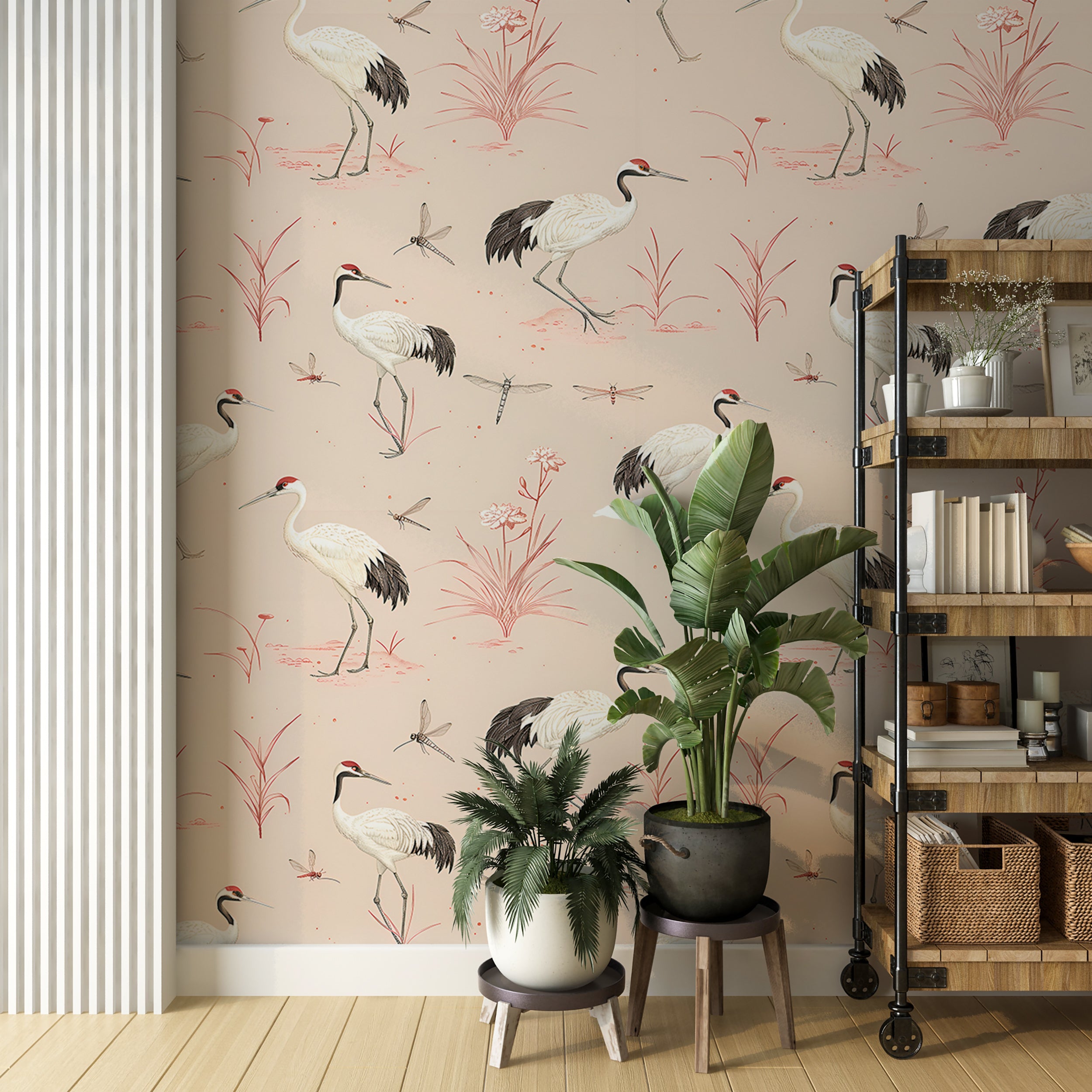 Soft Pink Crane Birds Wallpaper, Vintage Chinoiserie Wall Art, Chinese Pink Classic Wallpaper, Peel and Stick Accent Wall Removable Decor