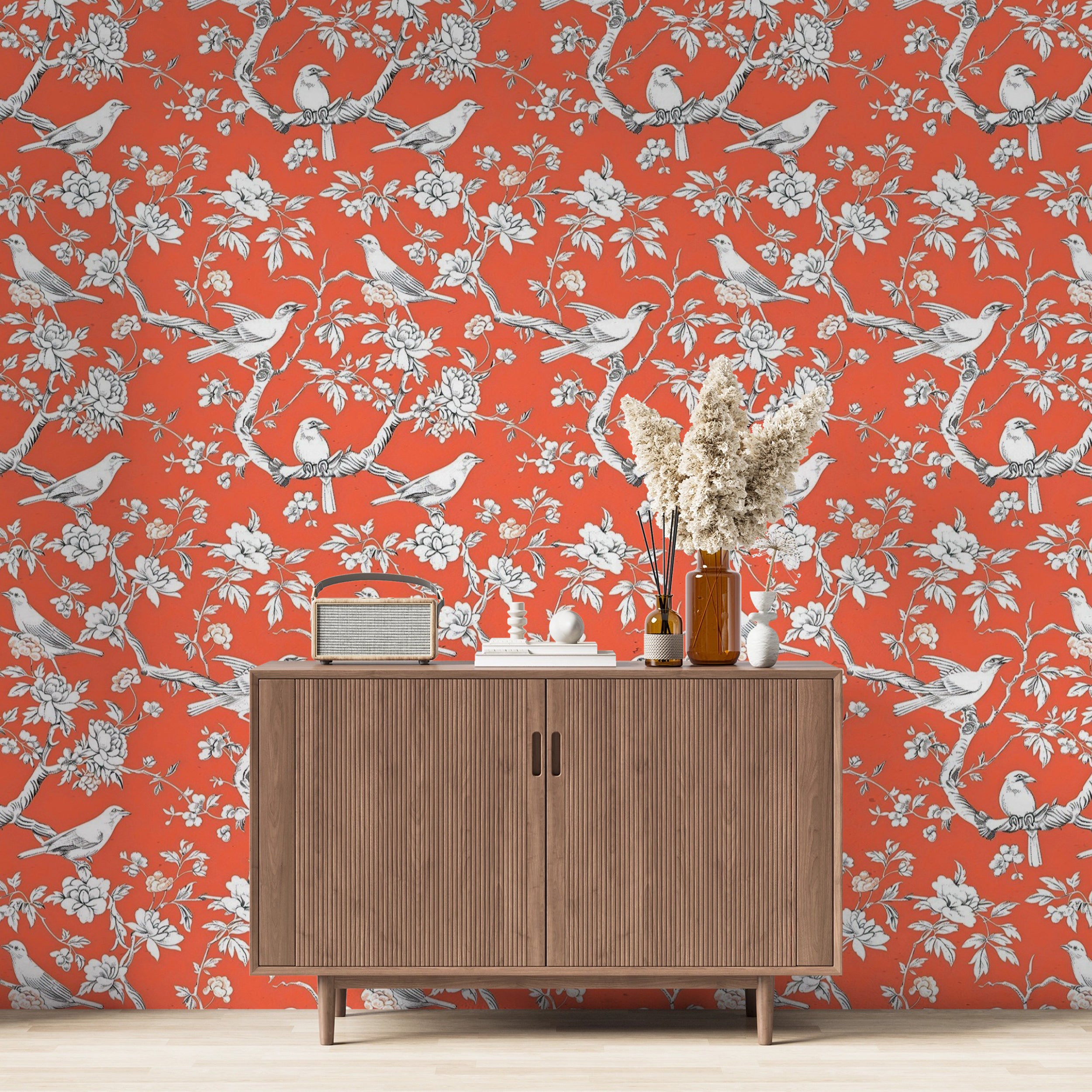 Red Chinoiserie wallpaper for living room decor White flowers and birds botanical wallpaper