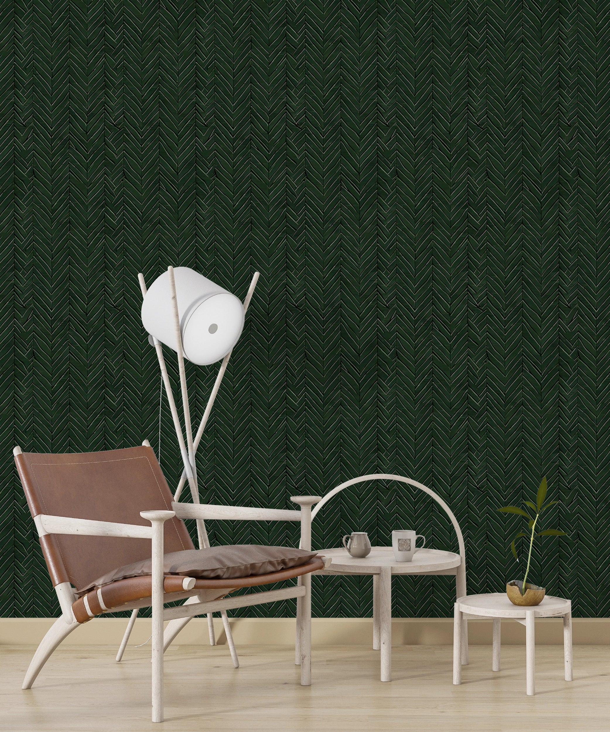 High-quality dark green herringbone wallpaper Easy-to-apply luxurious accent wallpaper