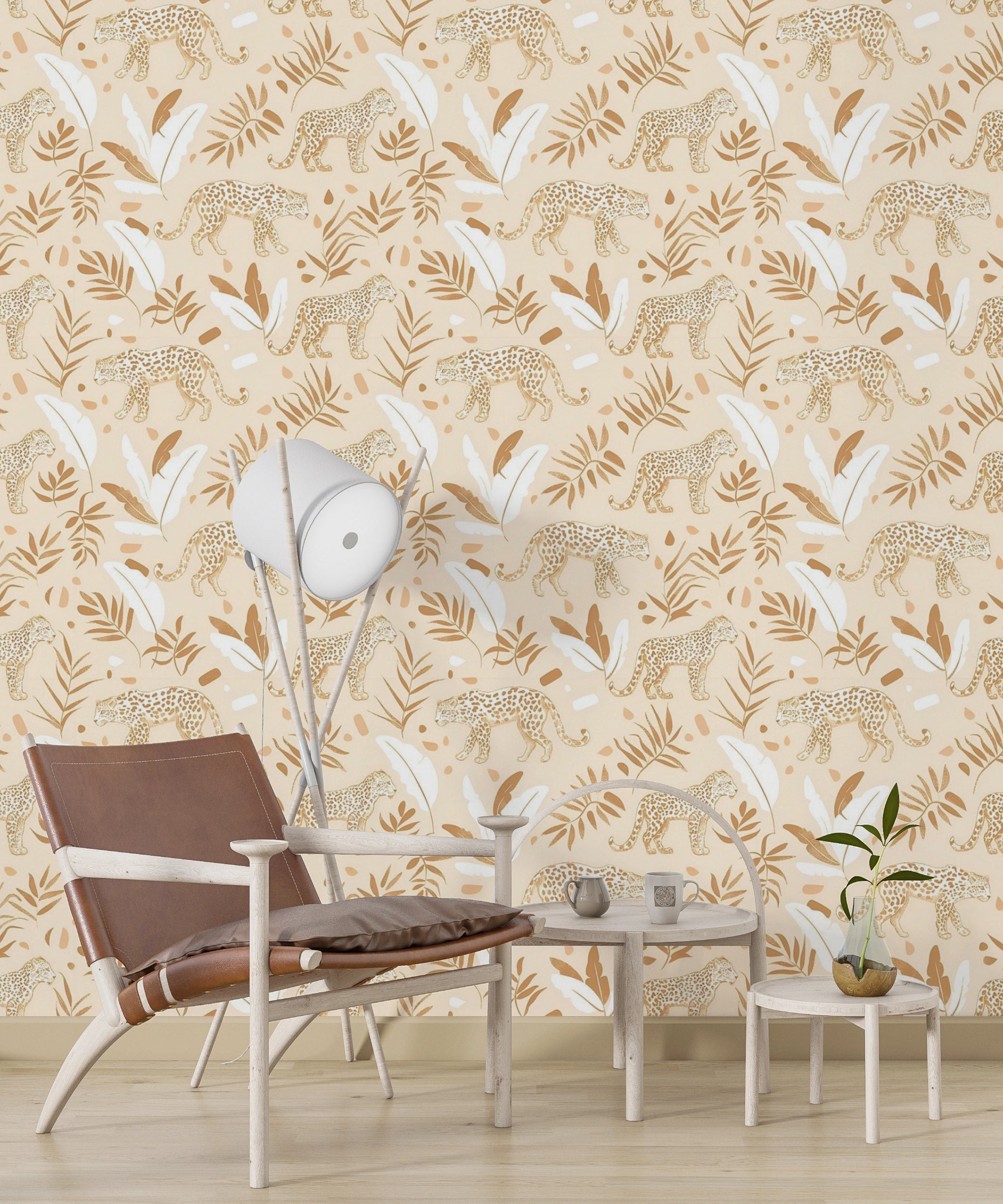 Beige safari wallpaper with leopards and leaves Exotic peel and stick wall decor with animal print