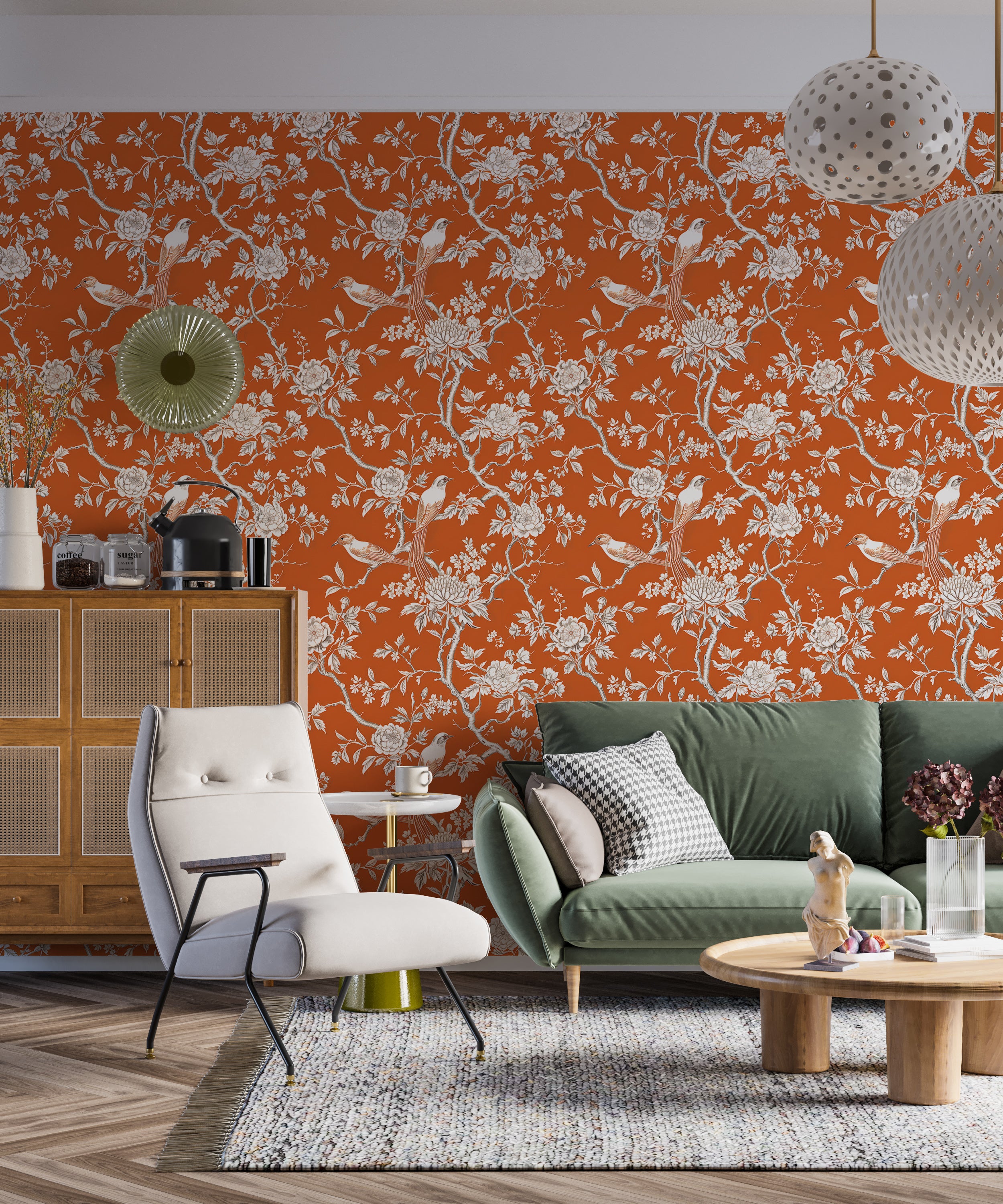 Easy-to-apply peel and stick chinoiserie wall art Vibrant orange floral wallpaper for bedrooms