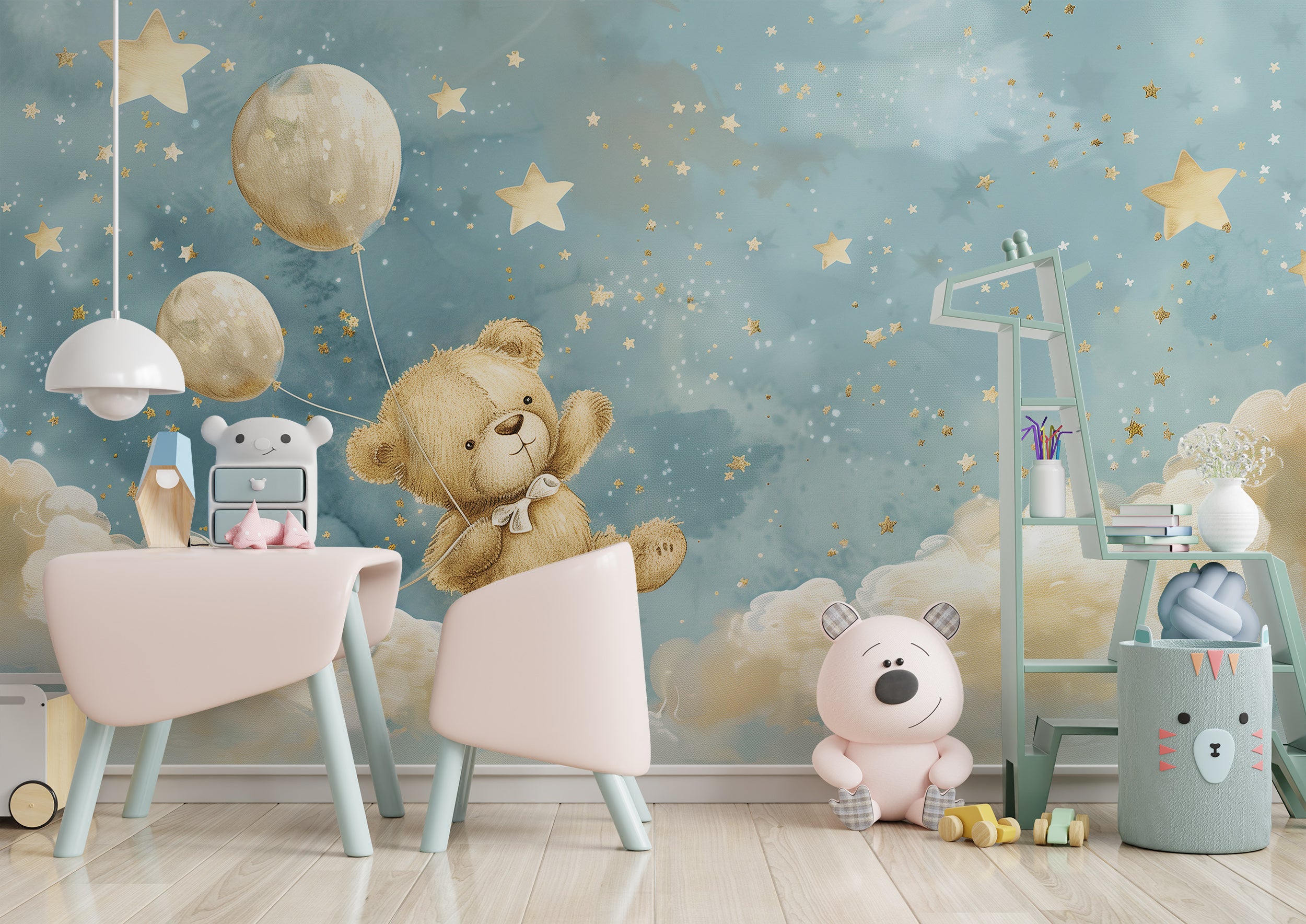 Adorable bear and balloon wall decor for kids' spaces