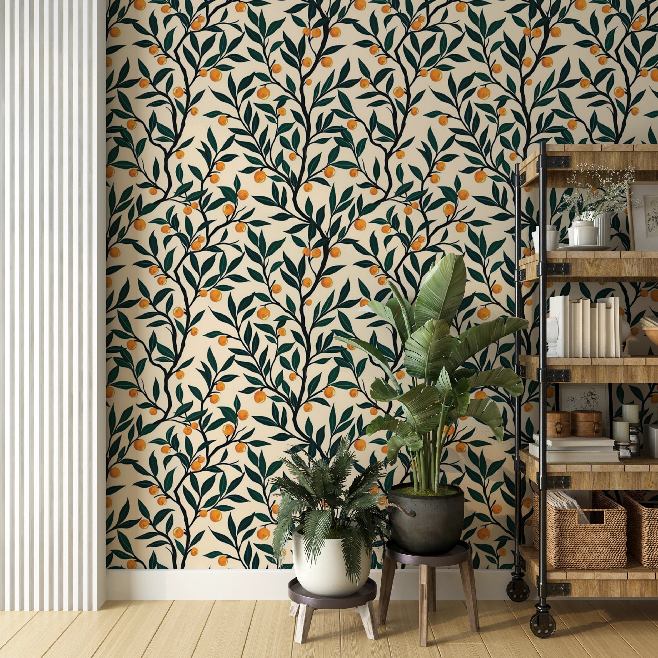 Easy-to-apply orange tree wallpaper for living room Vibrant orange and green botanical wall decor