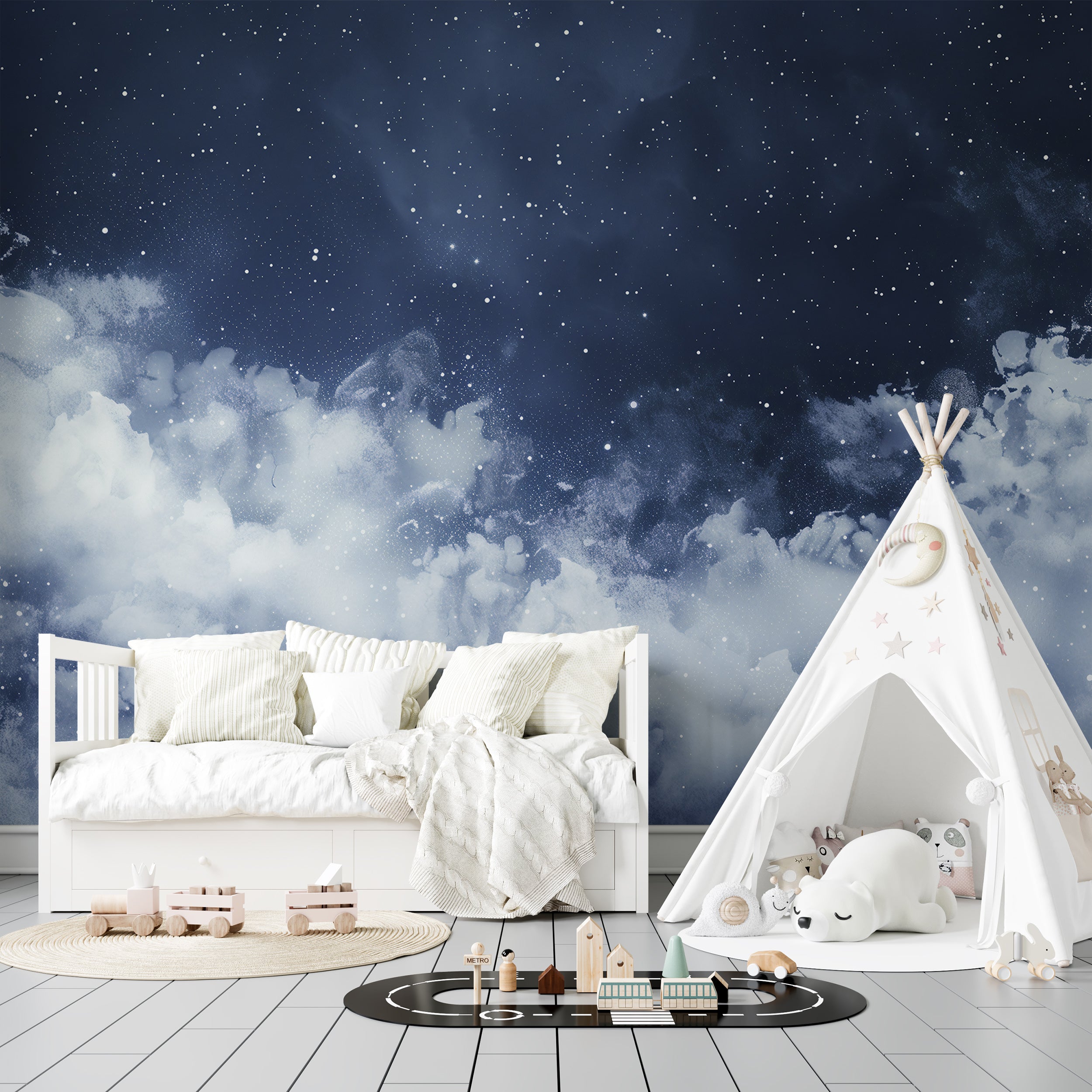 Starry Sky Wall Mural for bedroom decor Blue and white cloudy starry night wallpaper