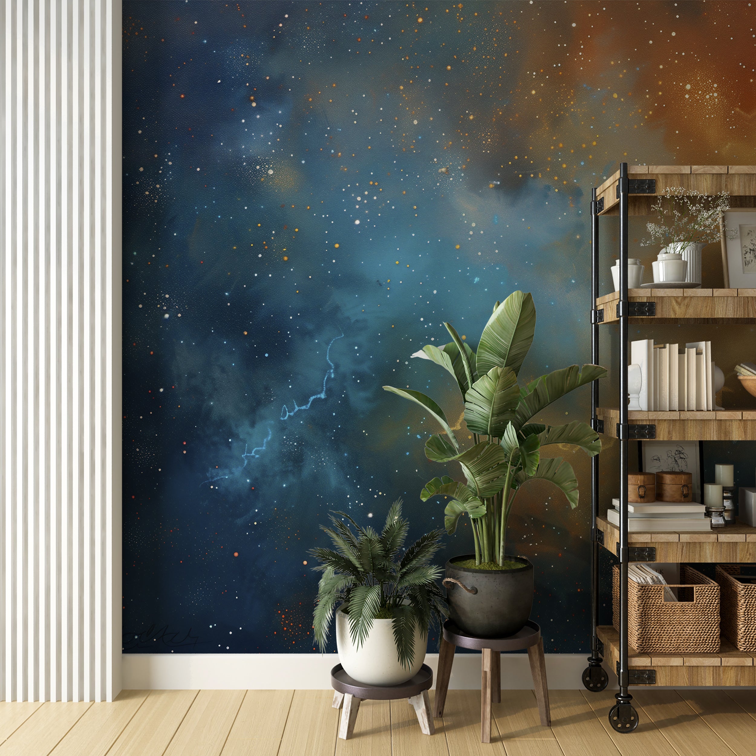 Enchanting blue and orange space theme wallpaper