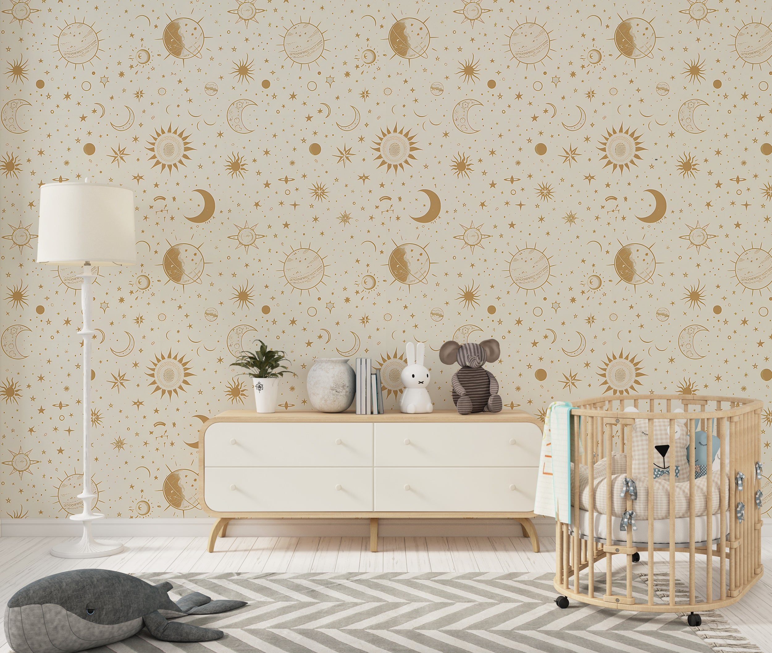 Soft beige celestial nursery wall art Easy-to-apply space-themed wallpaper for kids