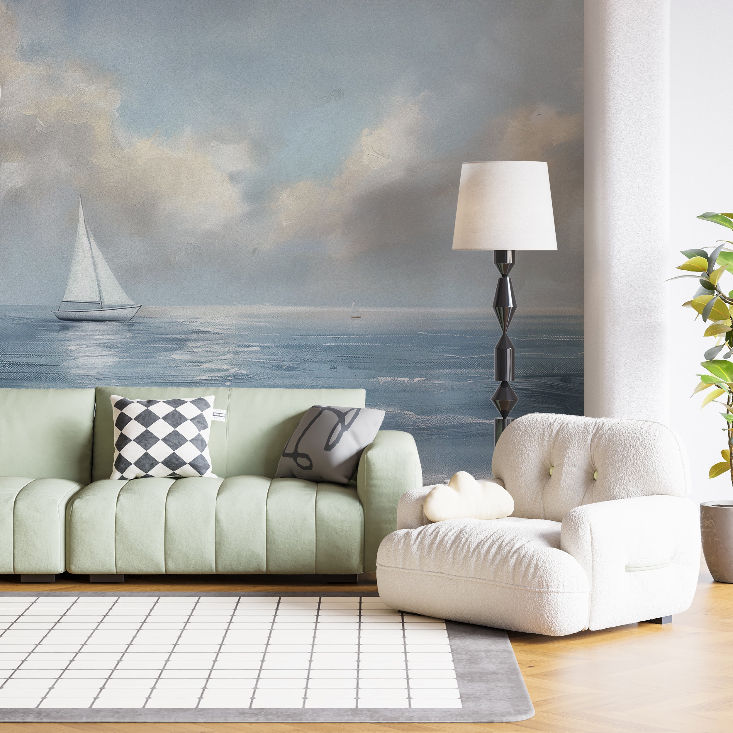 Soft blue and white nautical wallpaper for bathrooms Coastal wall decor featuring sailboat and ocean