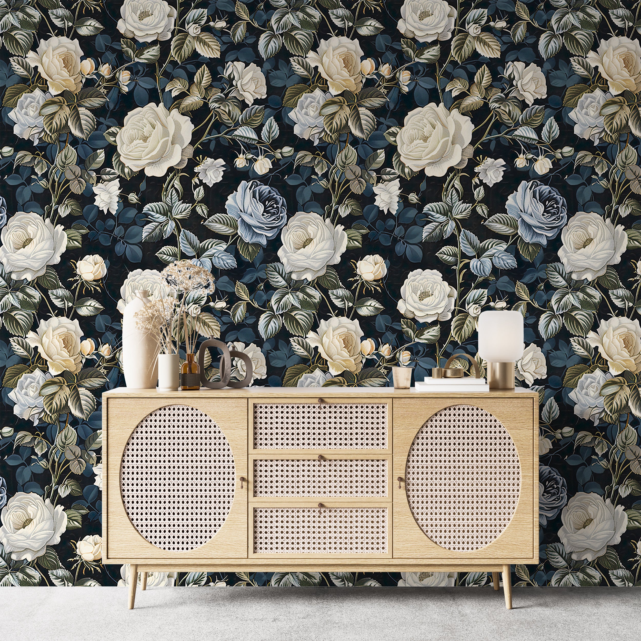 Vintage floral wallpaper with dark blue background Peel and stick classic botanical wall decor