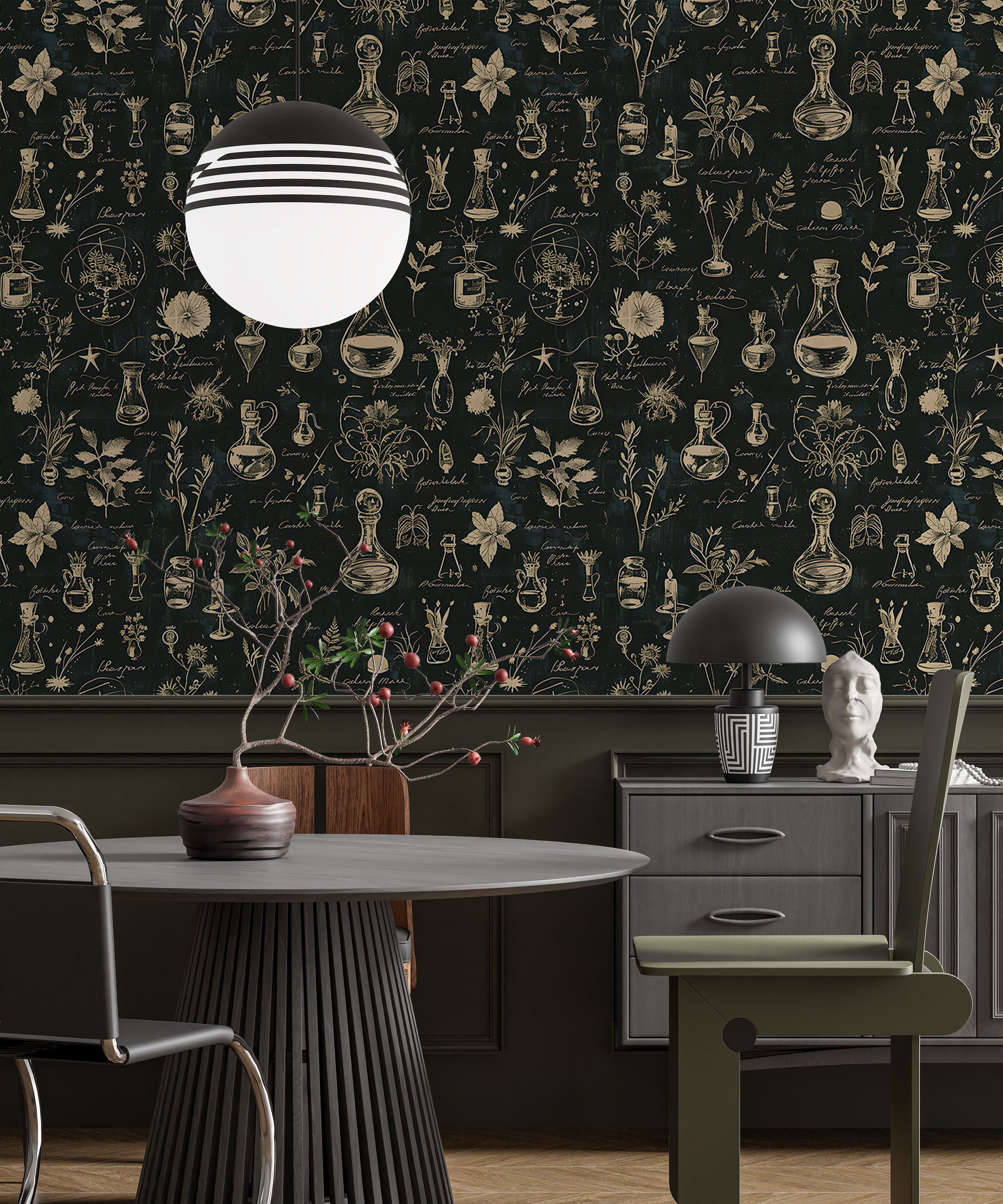 Dark green herbal wallpaper with alchemy elements Peel and stick wallpaper with bottles and herbs pattern