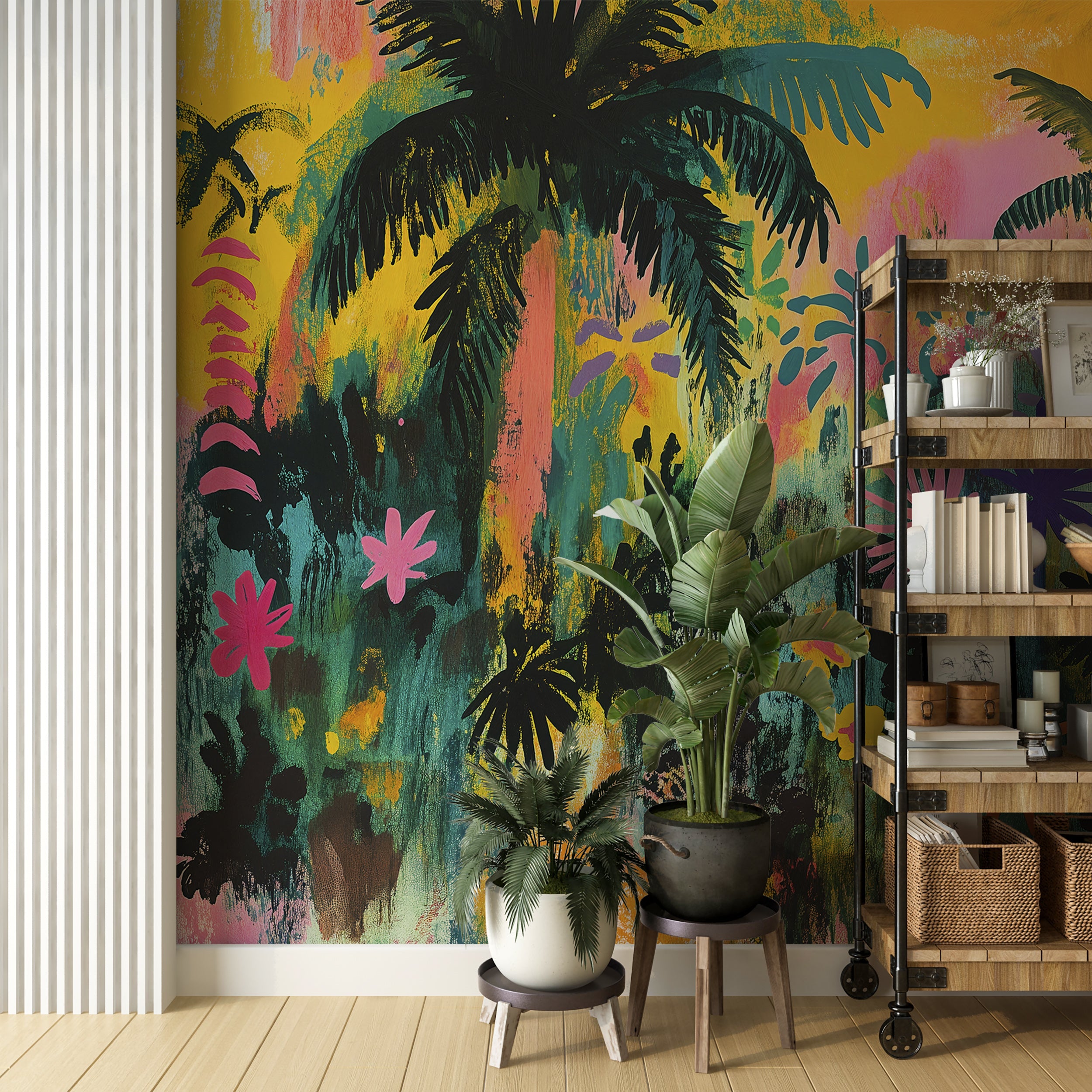 Abstract Jungle Wall Mural, Colorful Tropical Wallpaper, Palm Trees Watercolor Nursery Wallpaper, Peel and Stick Removable PVC-free