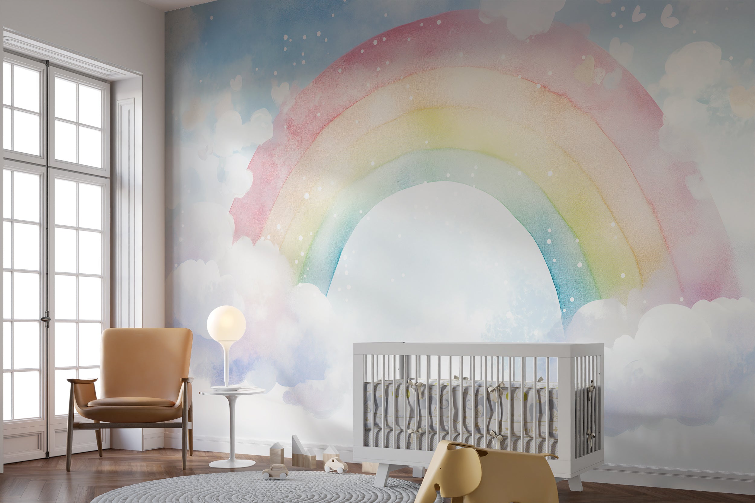 Dreamy clouds and rainbow wall mural Easy-to-apply soft rainbow peel and stick wallpaper