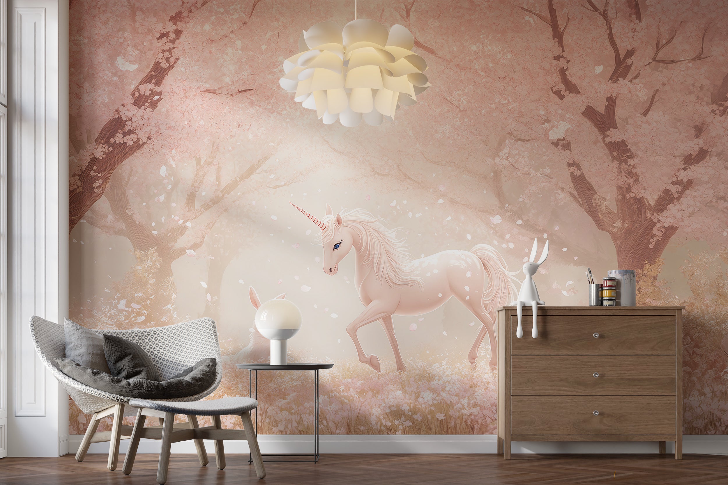 Unicorn and rabbit in cherry blossom forest mural Pink fairytale forest wall decor for kids