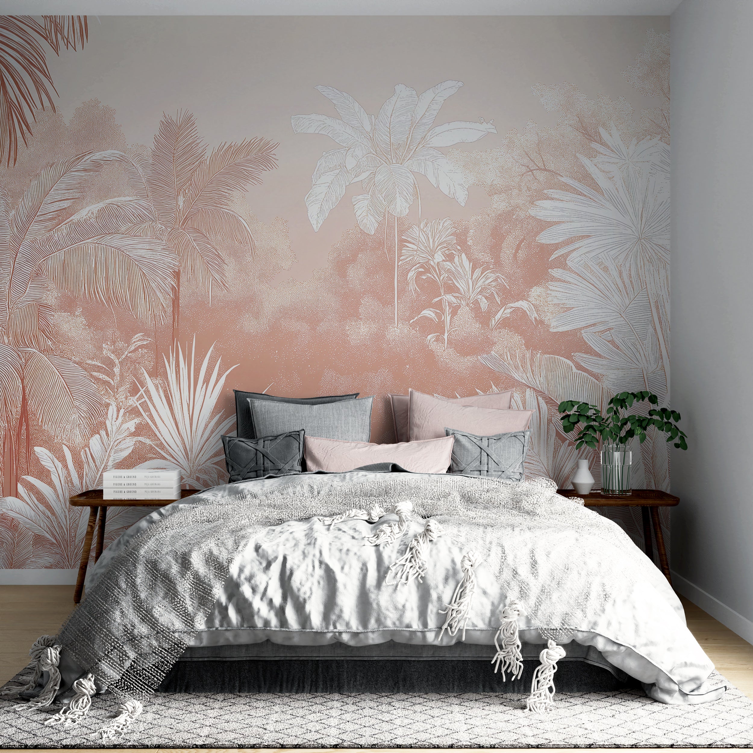 Abstract jungle wallpaper in pink and white Removable coastal wallpaper with jungle design