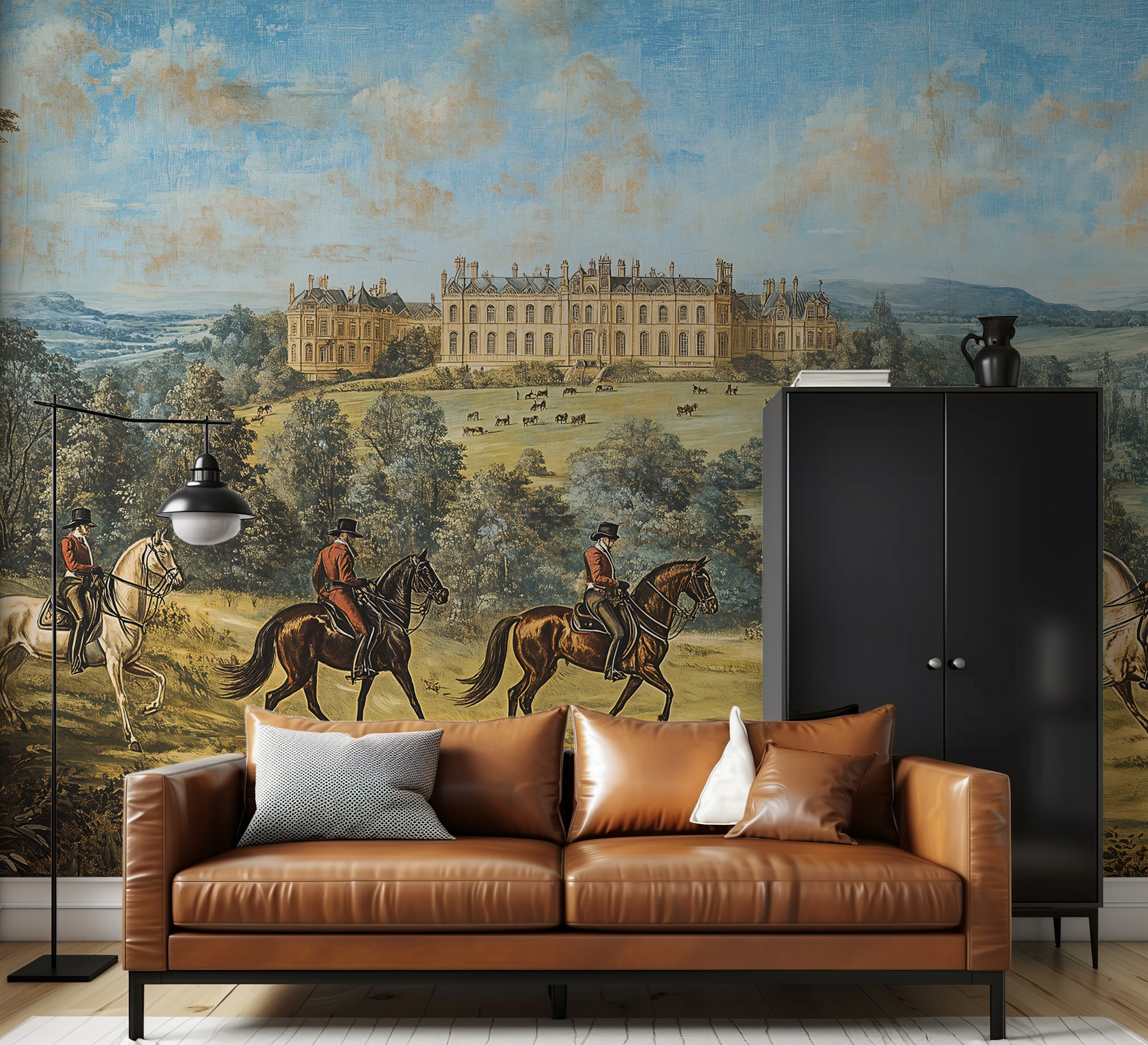 Nostalgic French landscape mural with horse riders