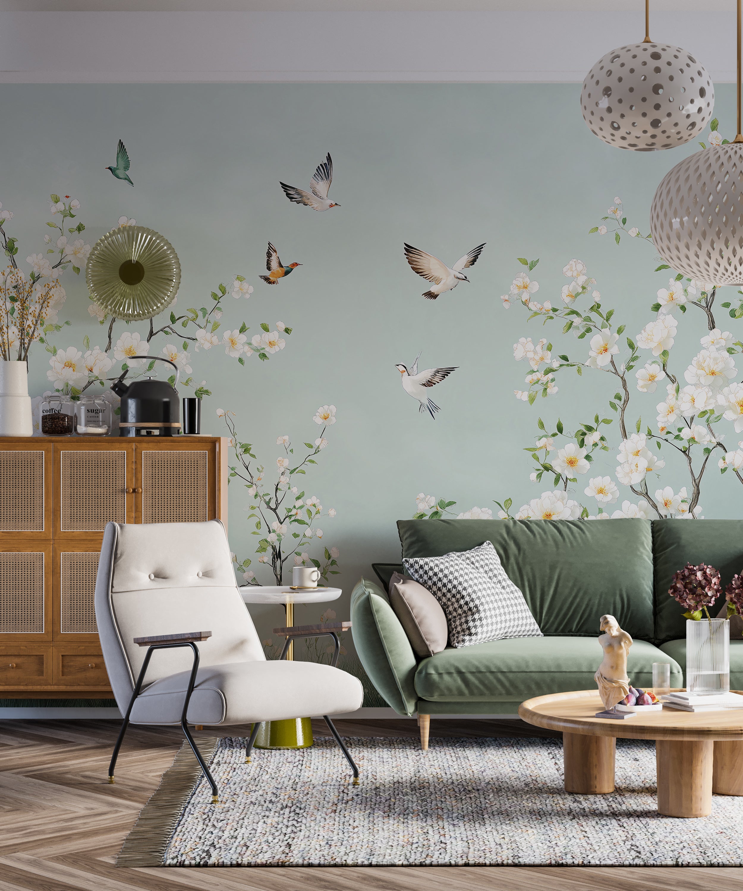 Traditional and peel and stick chinoiserie nature wall art Soft blue nature-themed wallpaper with birds for nursery