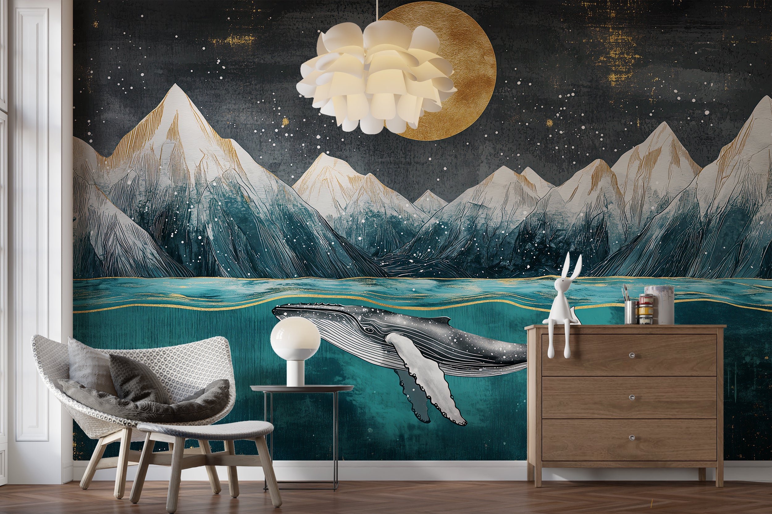 Dark abstract whale and mountains wallpaper Peel and stick whale under water mural