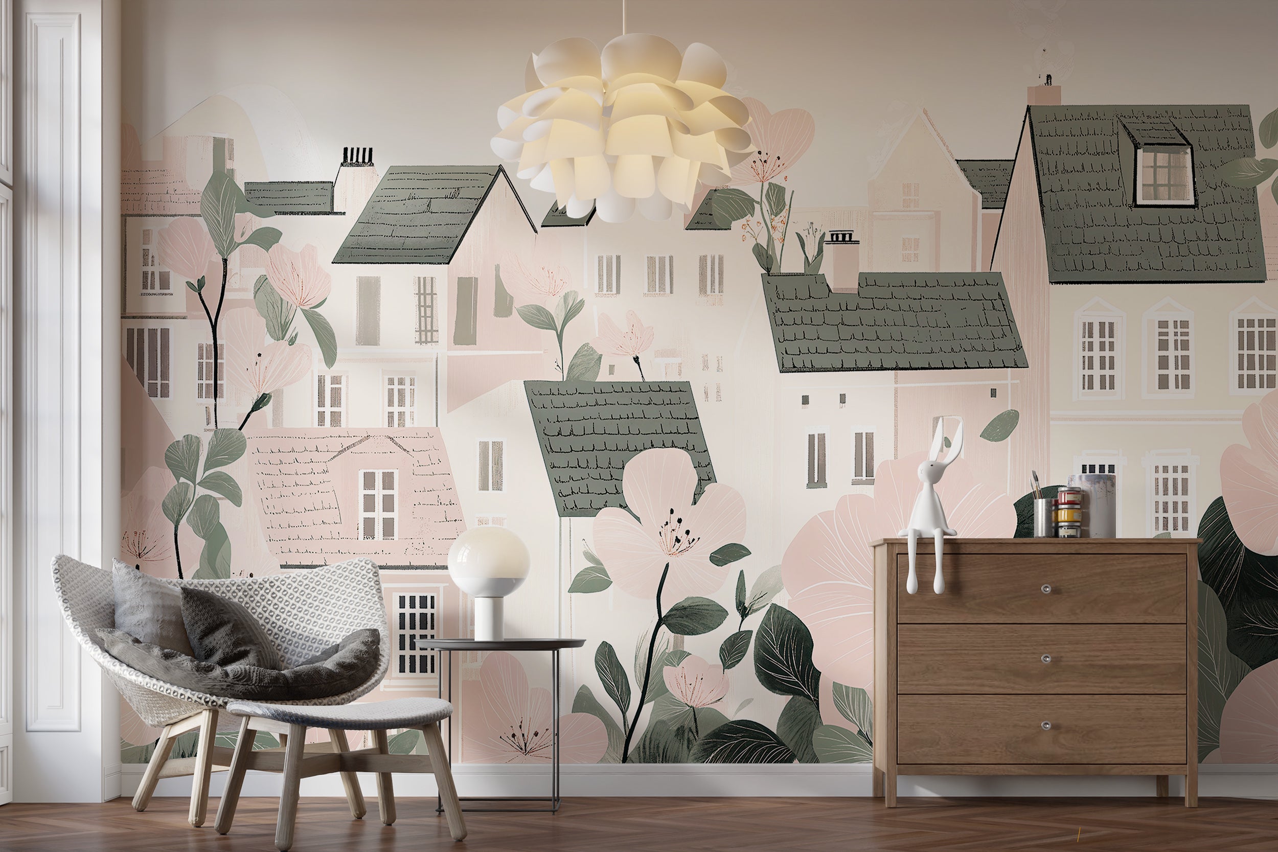 Kids room wallpaper with soft pink and beige houses Charming town and flower wallpaper for children's spaces