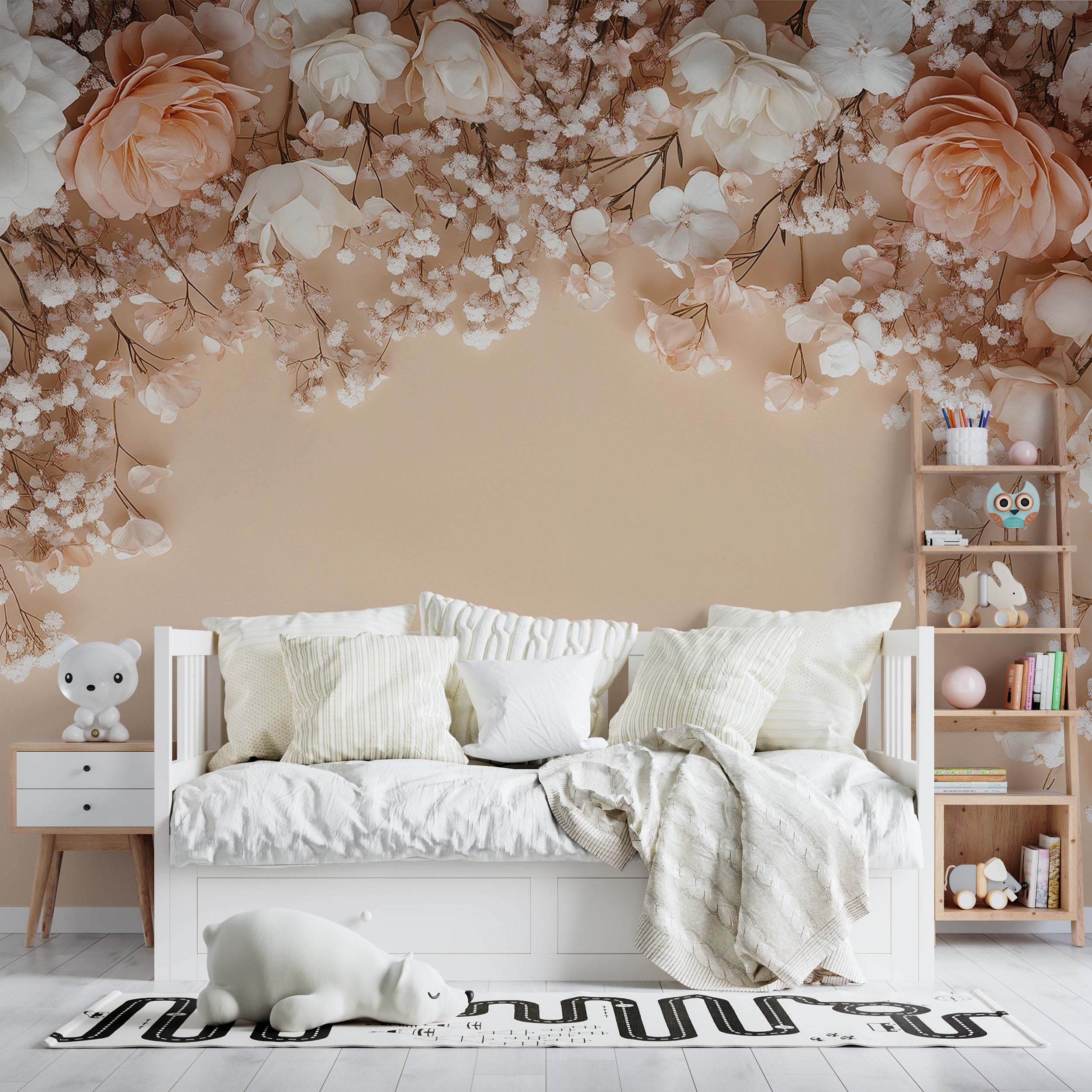 Removable pink and white floral wallpaper for nurseries Peach background hanging flowers wallpaper for living rooms