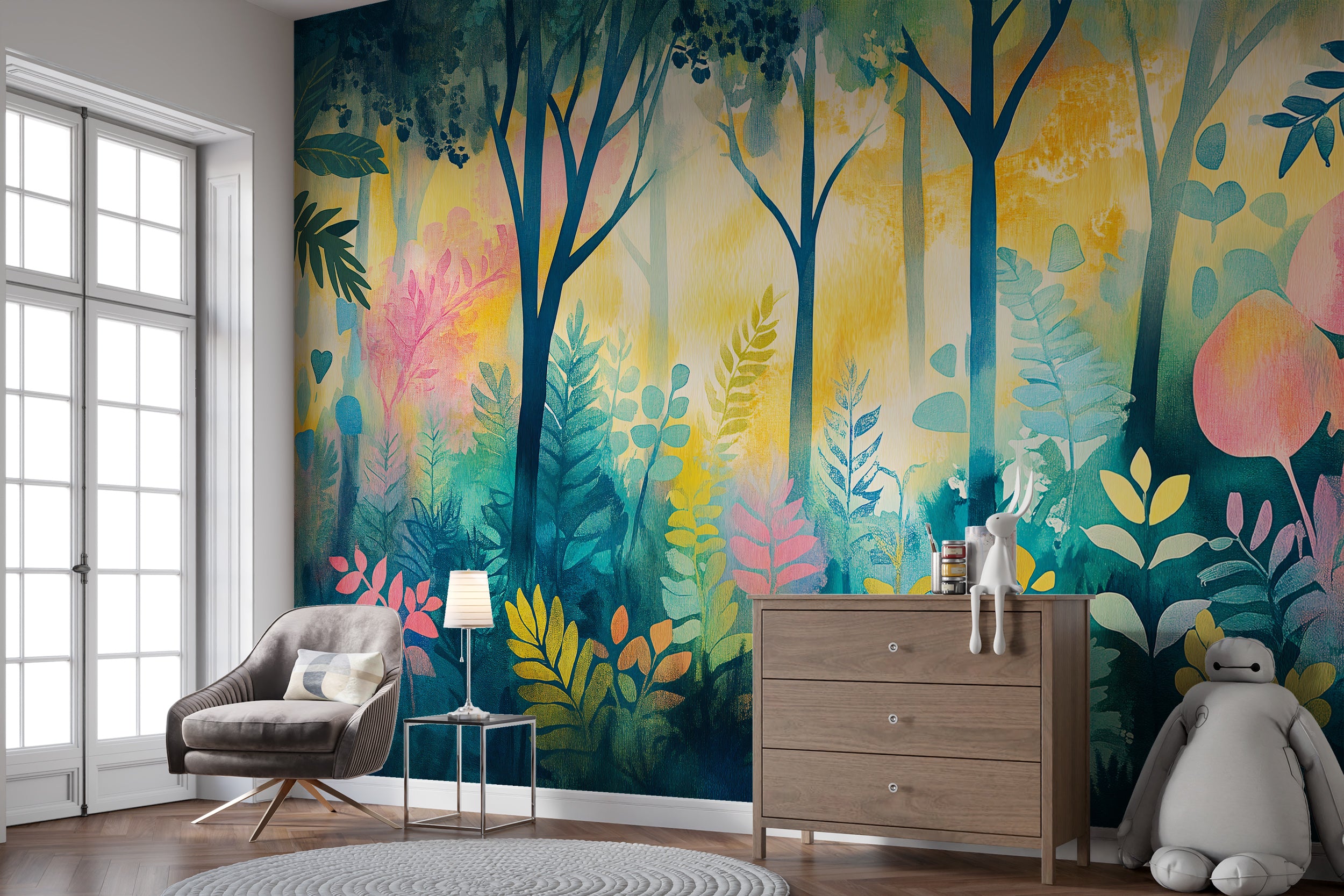 Energetic and colorful woodland wallpaper for kids' rooms